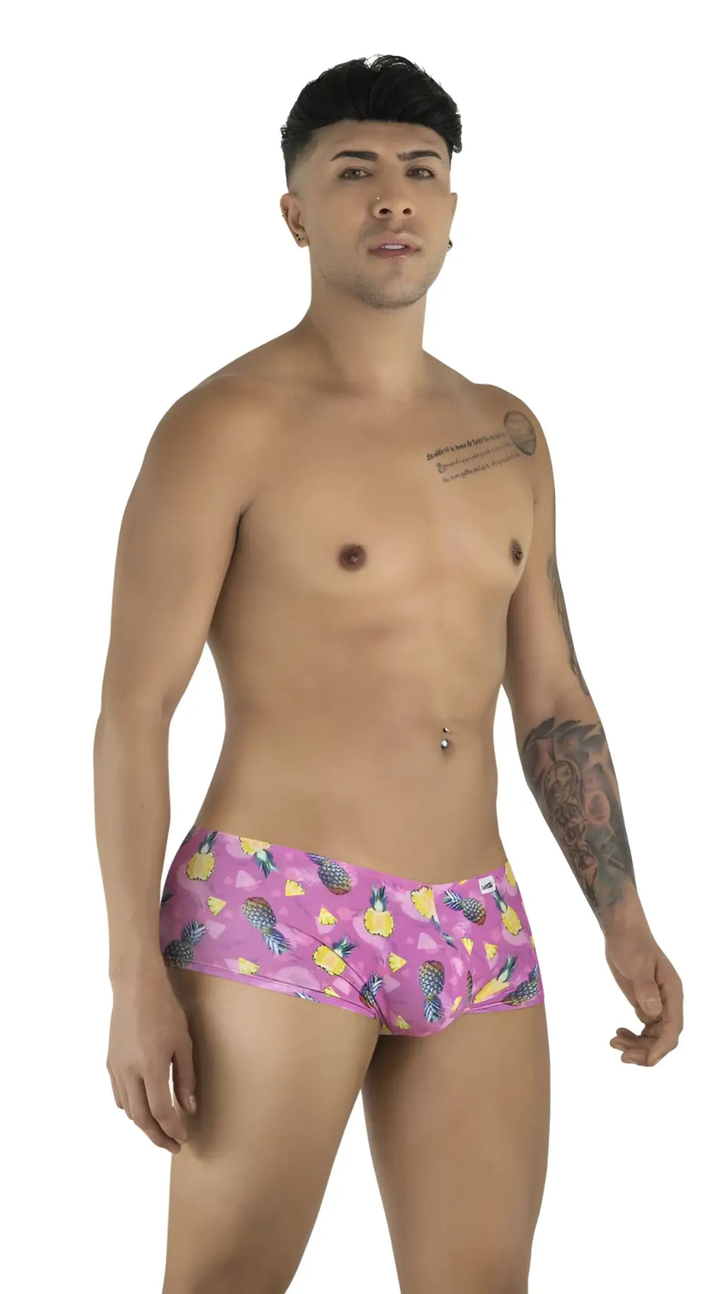 CandyMan 99922 pink pineapple-print trunks. Front and side view of male model wearing the underwear.