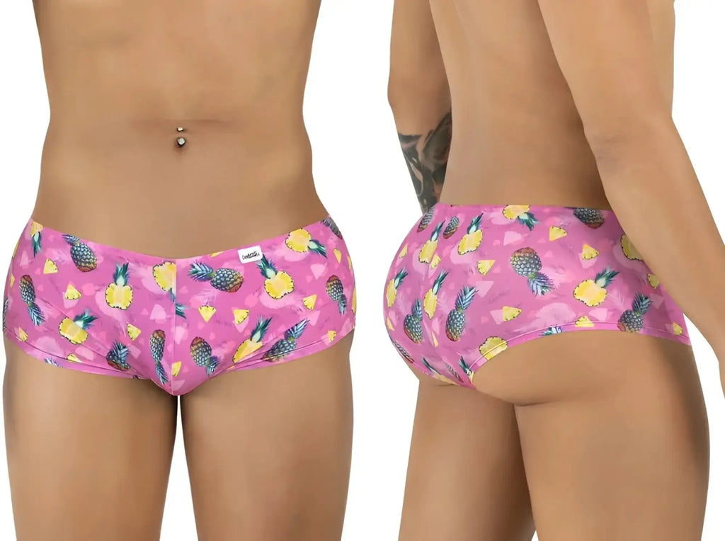 CandyMan 99922 pink pineapple-print trunks shown from front and back view.