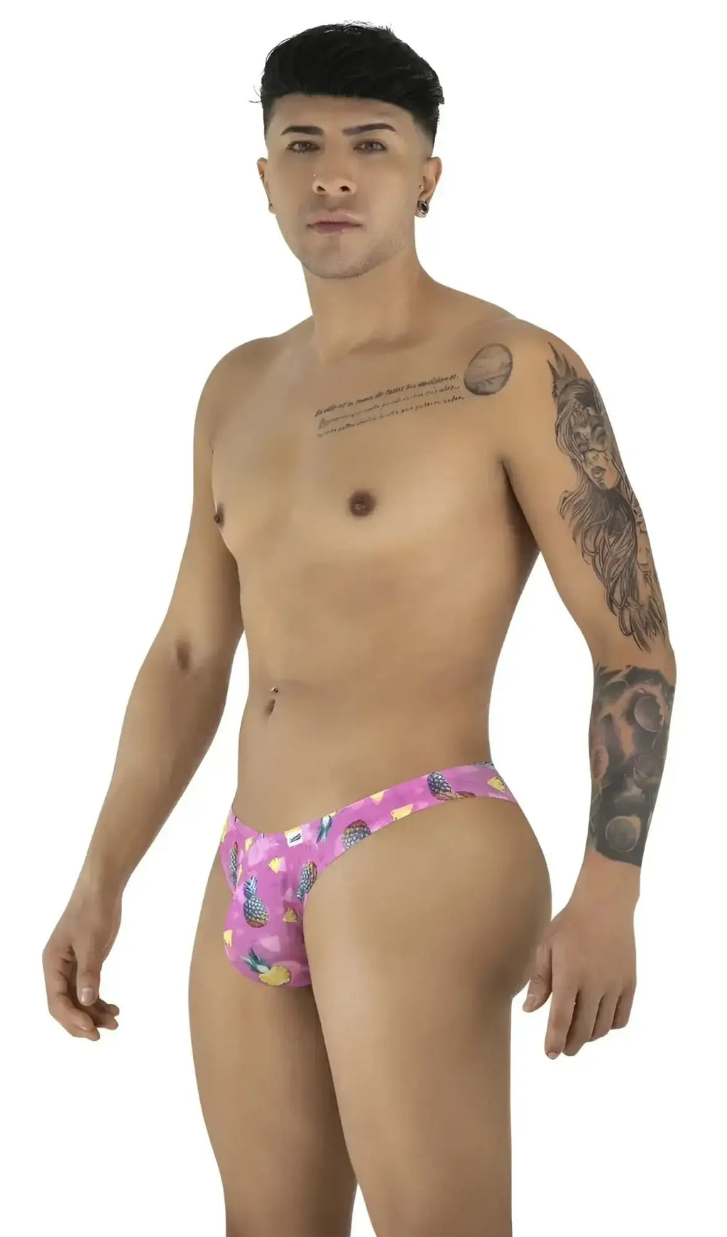 CandyMan 99923 bikini in pink print, side view of male model wearing underwear.