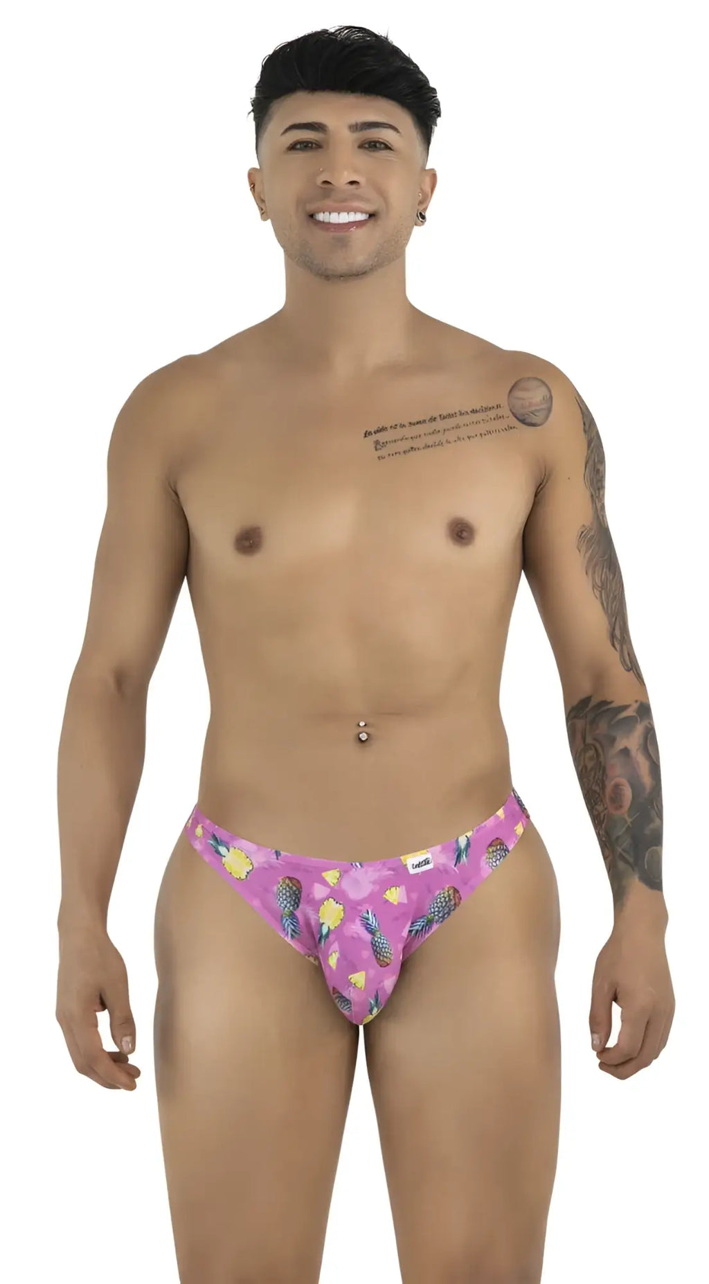 Front view of CandyMan 99923 bikini in printed pink with a pineapple pattern worn by a model.