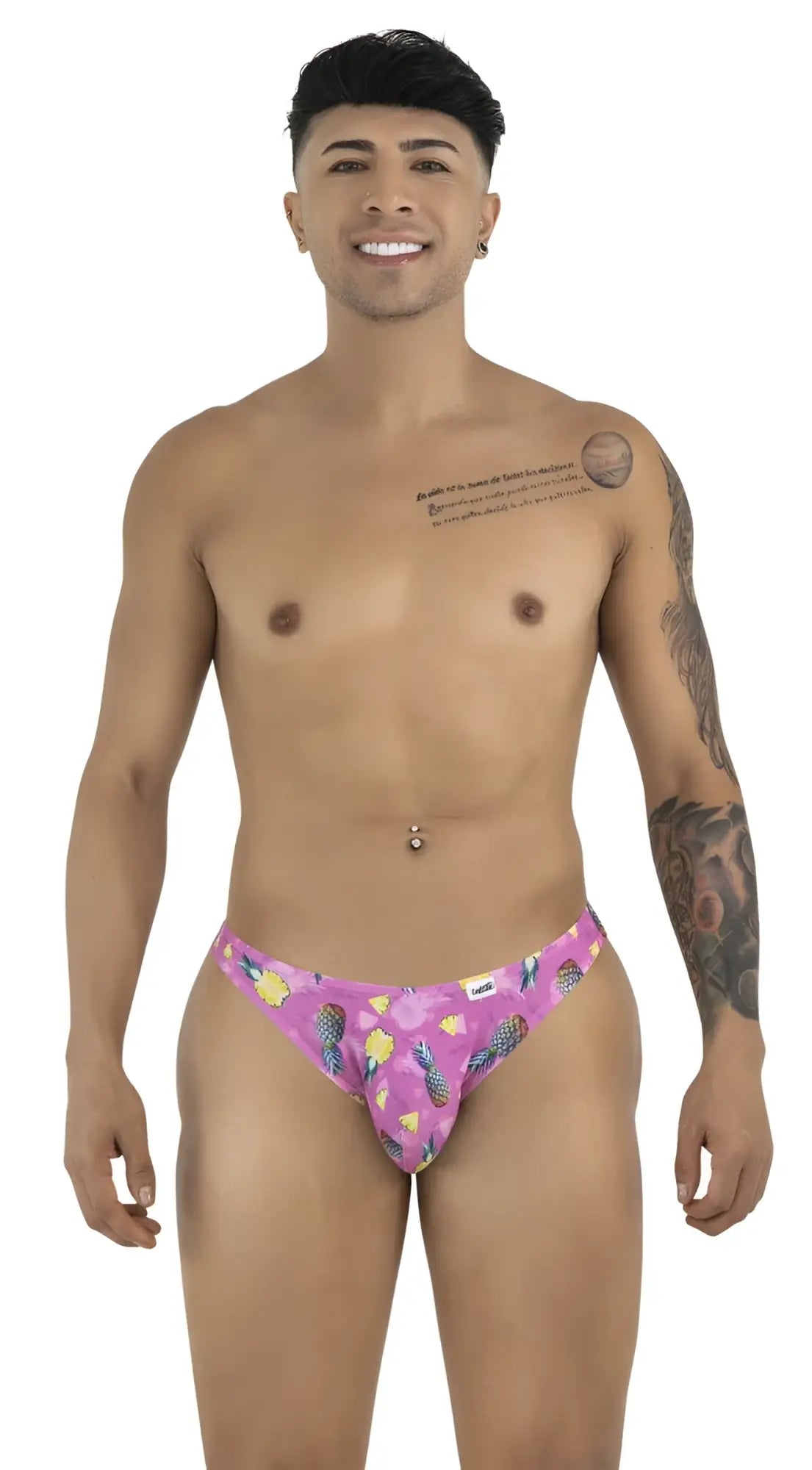 Front view of CandyMan 99923 bikini in printed pink with a pineapple pattern worn by a model.