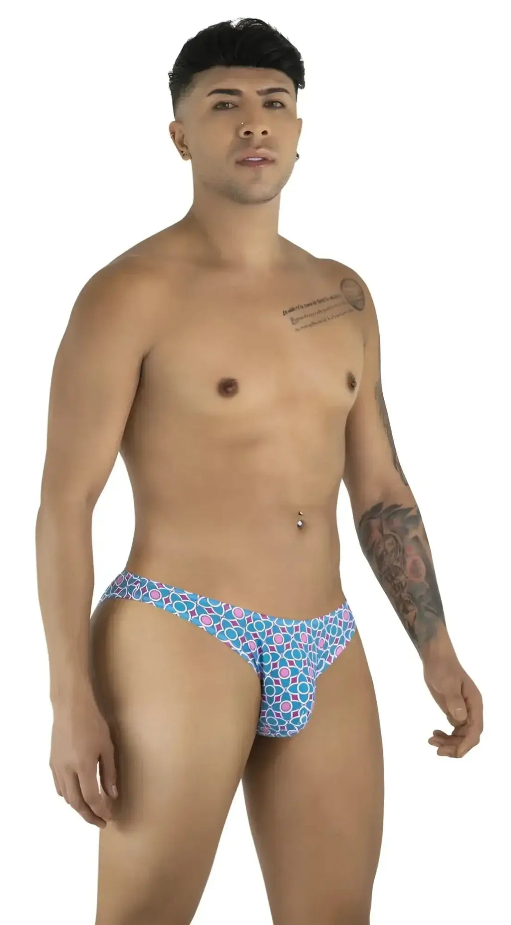 CandyMan 99923 printed blue briefs, front view on a male model.