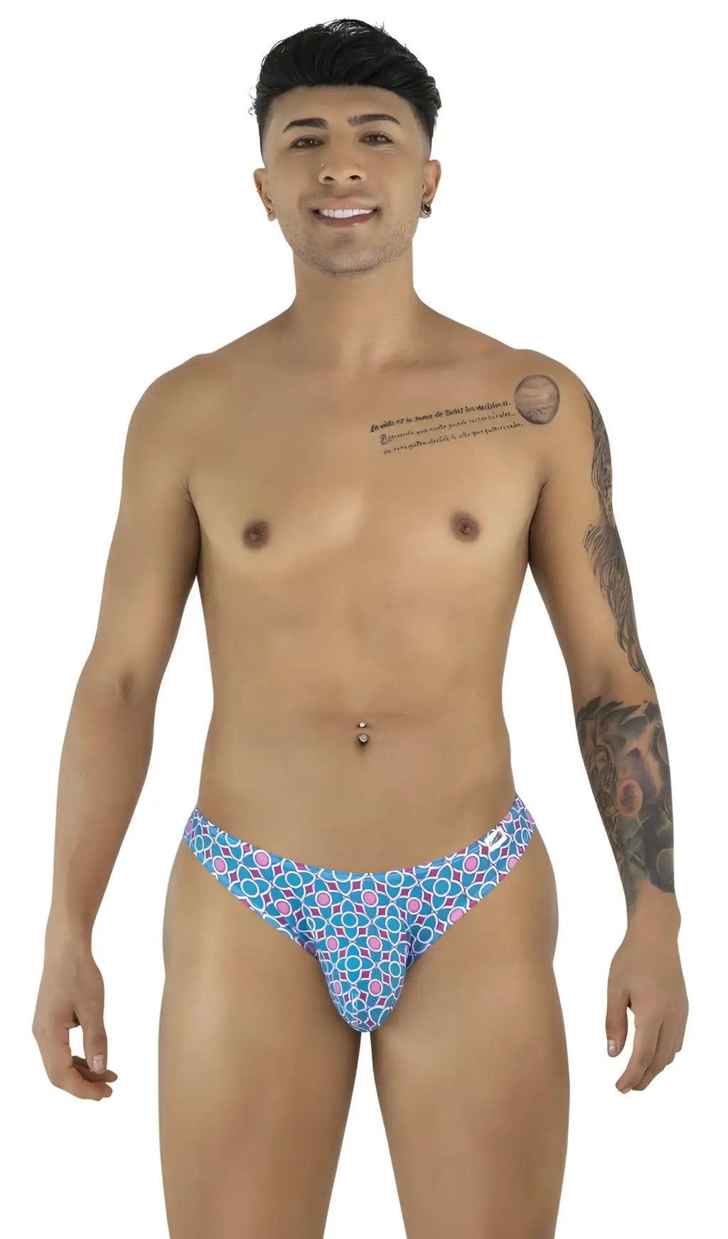 Front view of CandyMan 99923 briefs in blue printed pattern worn by a male model.