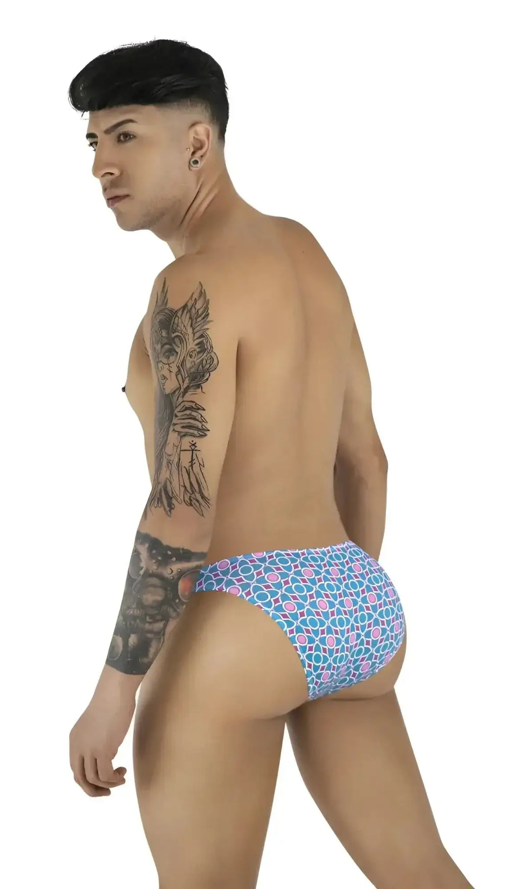 CandyMan 99923 printed blue briefs, side view featuring a male model.