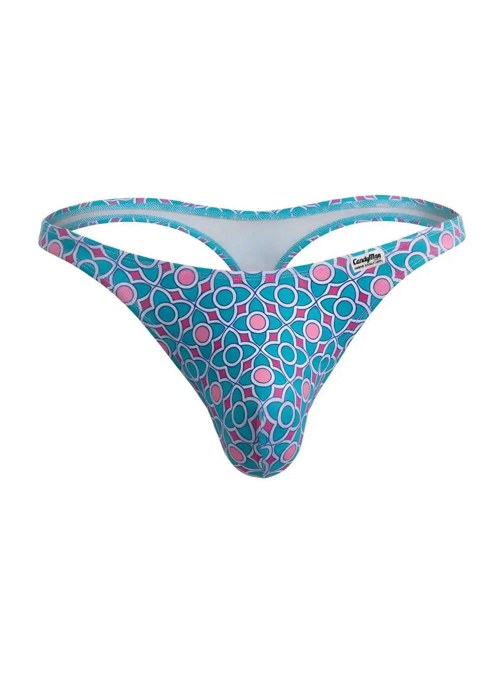 Front view of CandyMan 99924 thong in blue with a pink and teal geometric print.