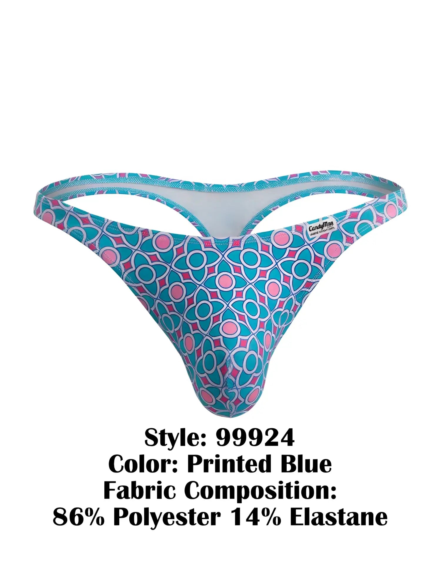 Front view of CandyMan 99924 thong in blue printed pattern.