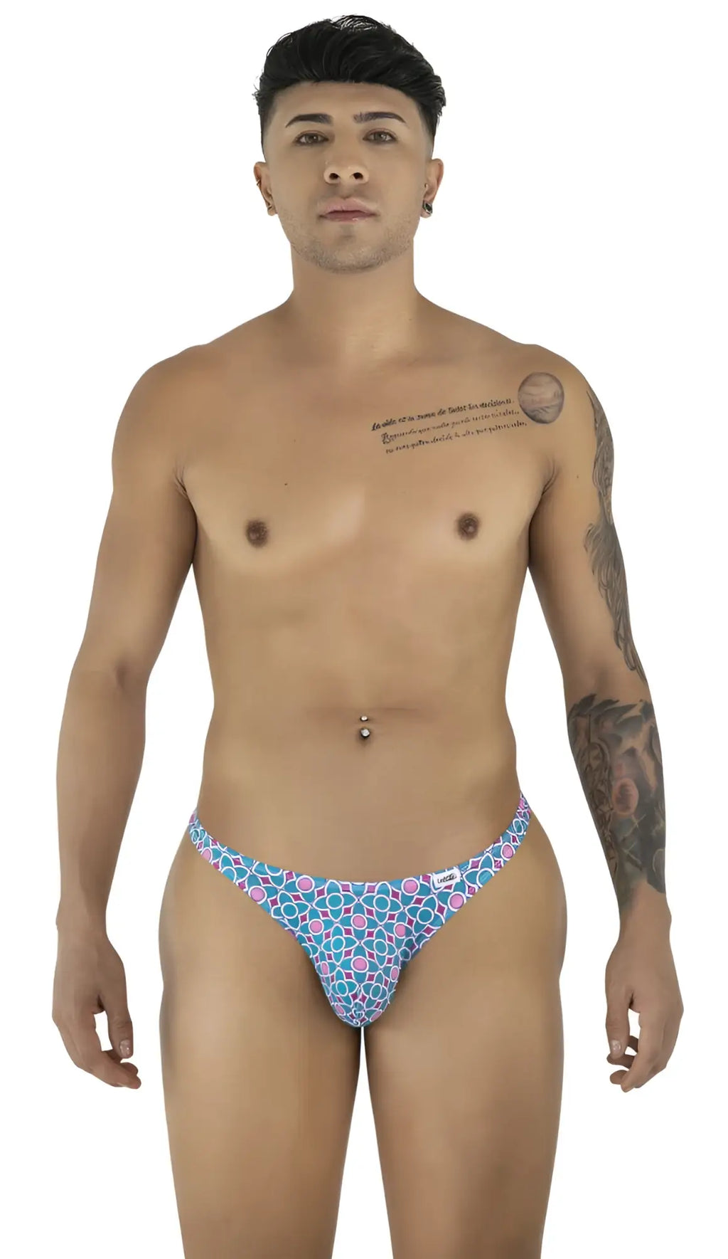 Front view of CandyMan 99924 thong in blue print on a male model.