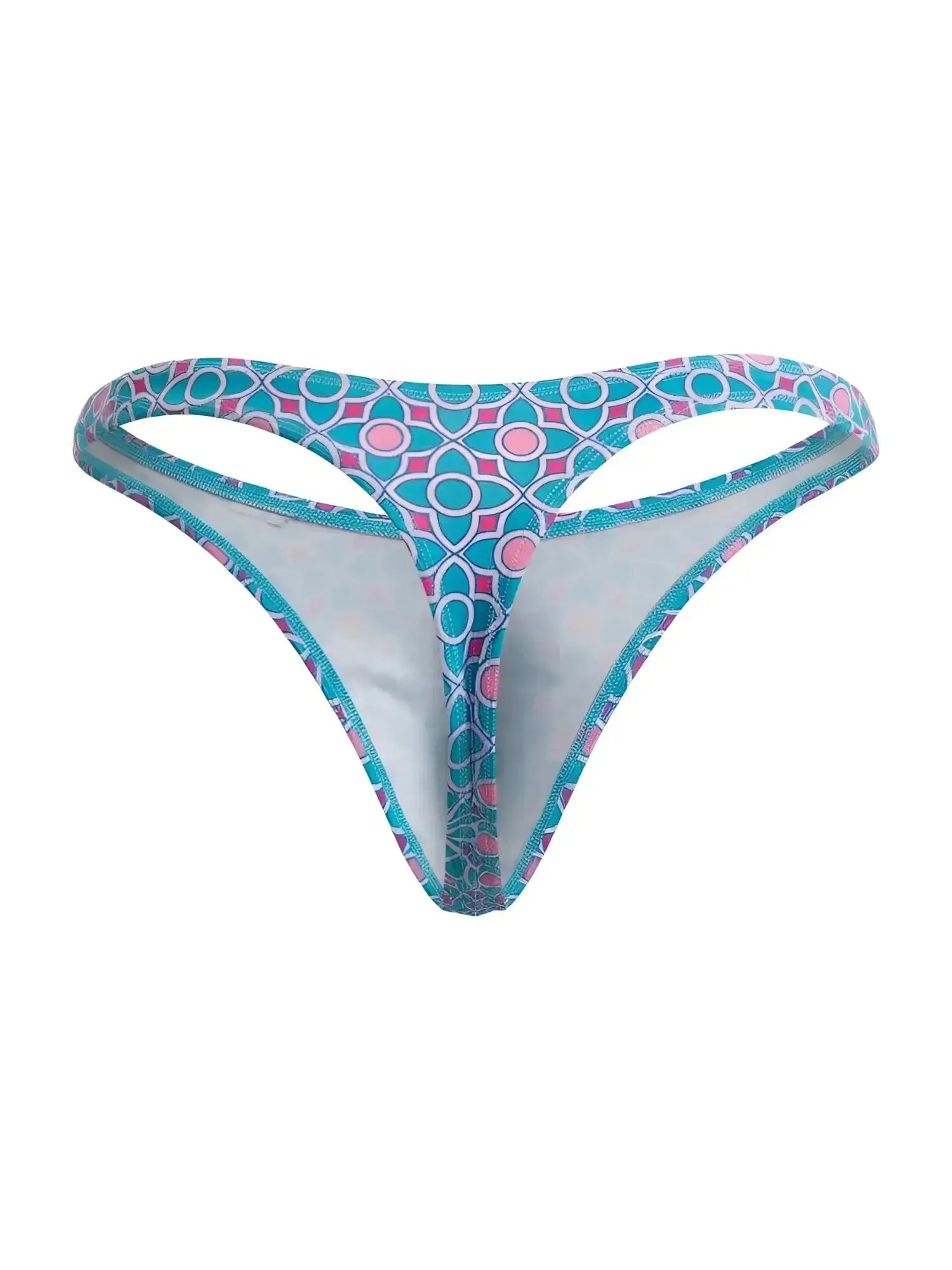 Front view of the CandyMan 99924 thong in a printed blue geometric pattern.