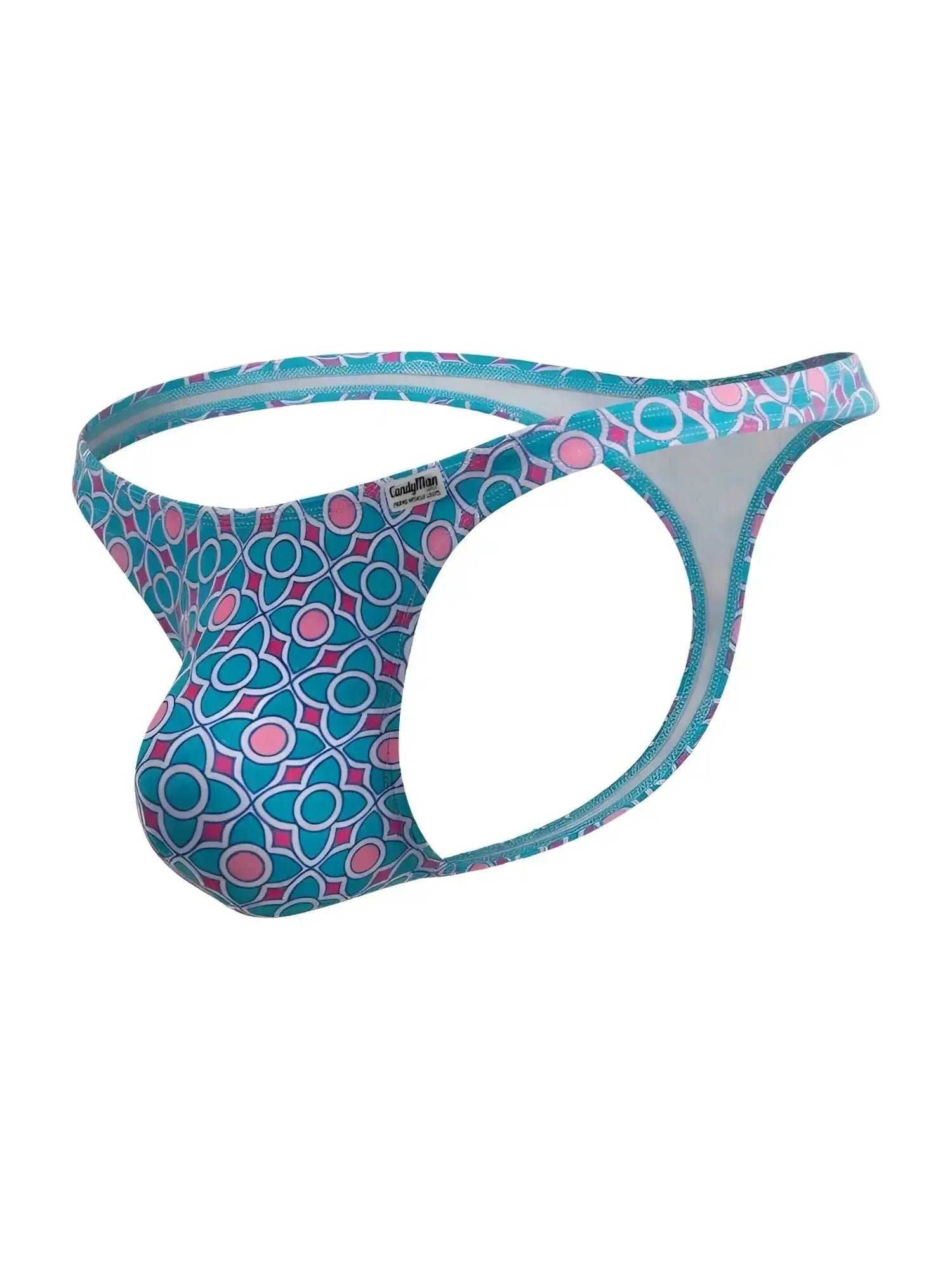 CandyMan 99924 thong in printed blue, showing a studio product view of the G-string underwear.
