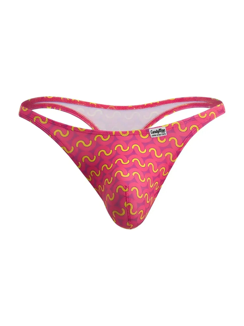Front view of the CandyMan 99924 Printed Fuchsia thong with a yellow pattern.