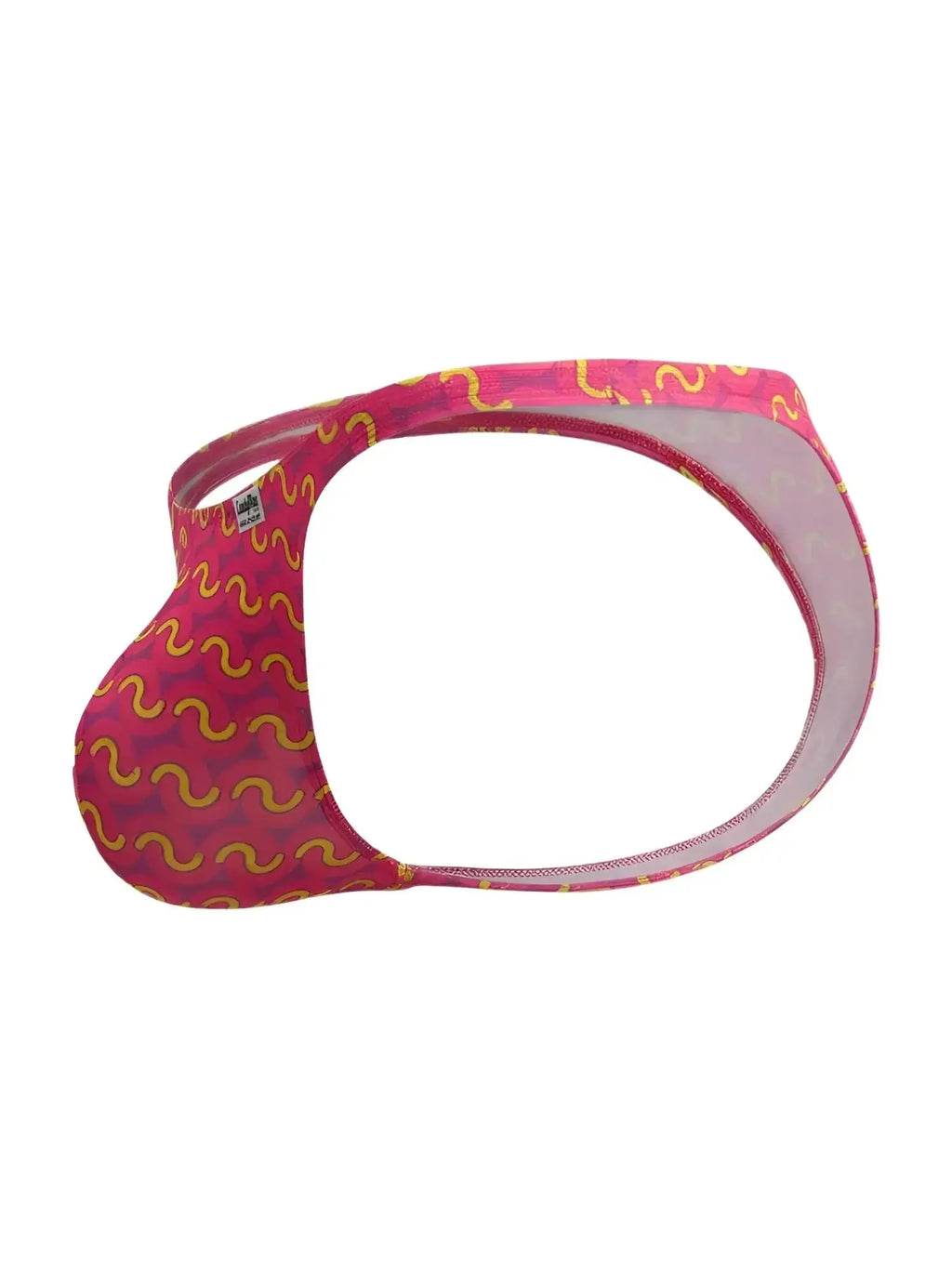 CandyMan 99924 thong in printed fuchsia, side view showing the pouch and strap design.