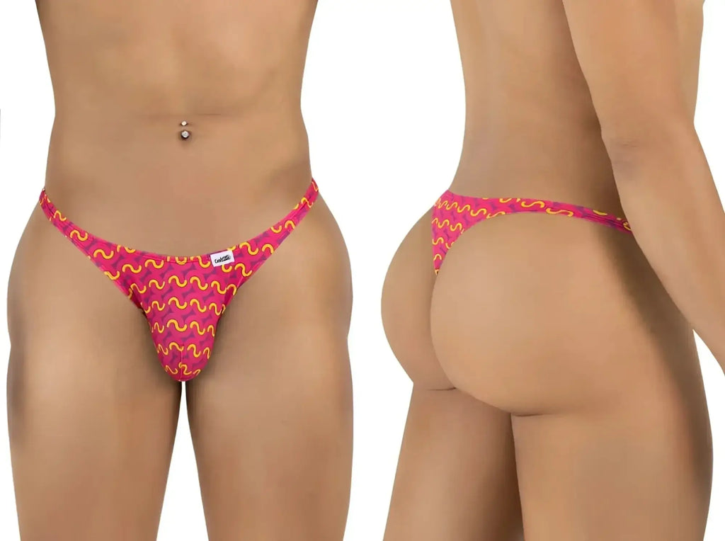 Front and back view of CandyMan 99924 thongs in printed fuchsia.