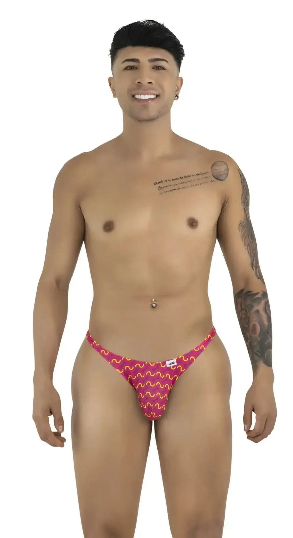 Front view of CandyMan 99924 thong in Printed Fuchsia worn by a model.
