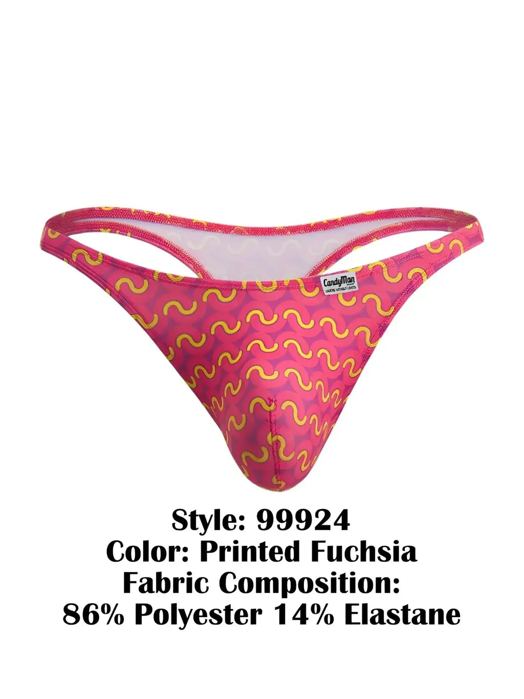 Front view of CandyMan 99924 thong in Printed Fuchsia with a yellow patterned design.