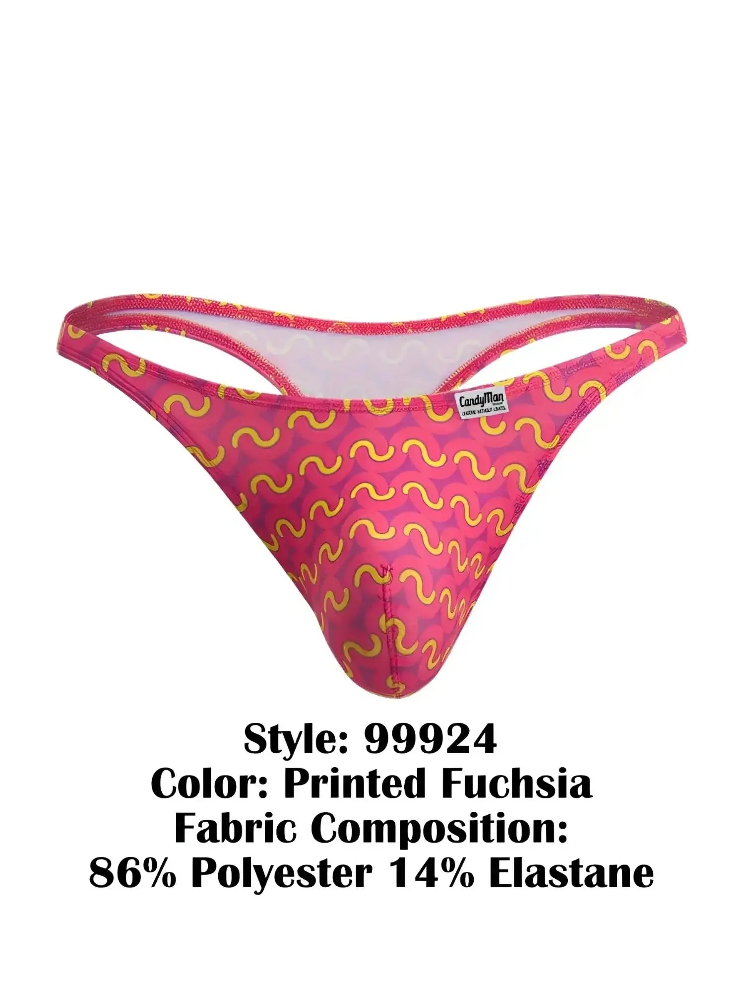 Front view of CandyMan 99924 thong in Printed Fuchsia with a yellow patterned design.