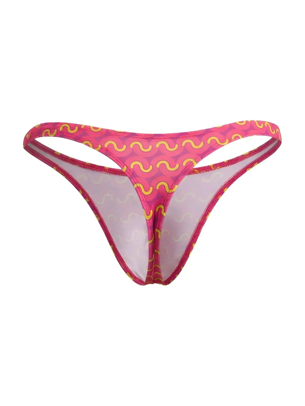 Front view of CandyMan 99924 thong in printed fuchsia with yellow wave pattern.