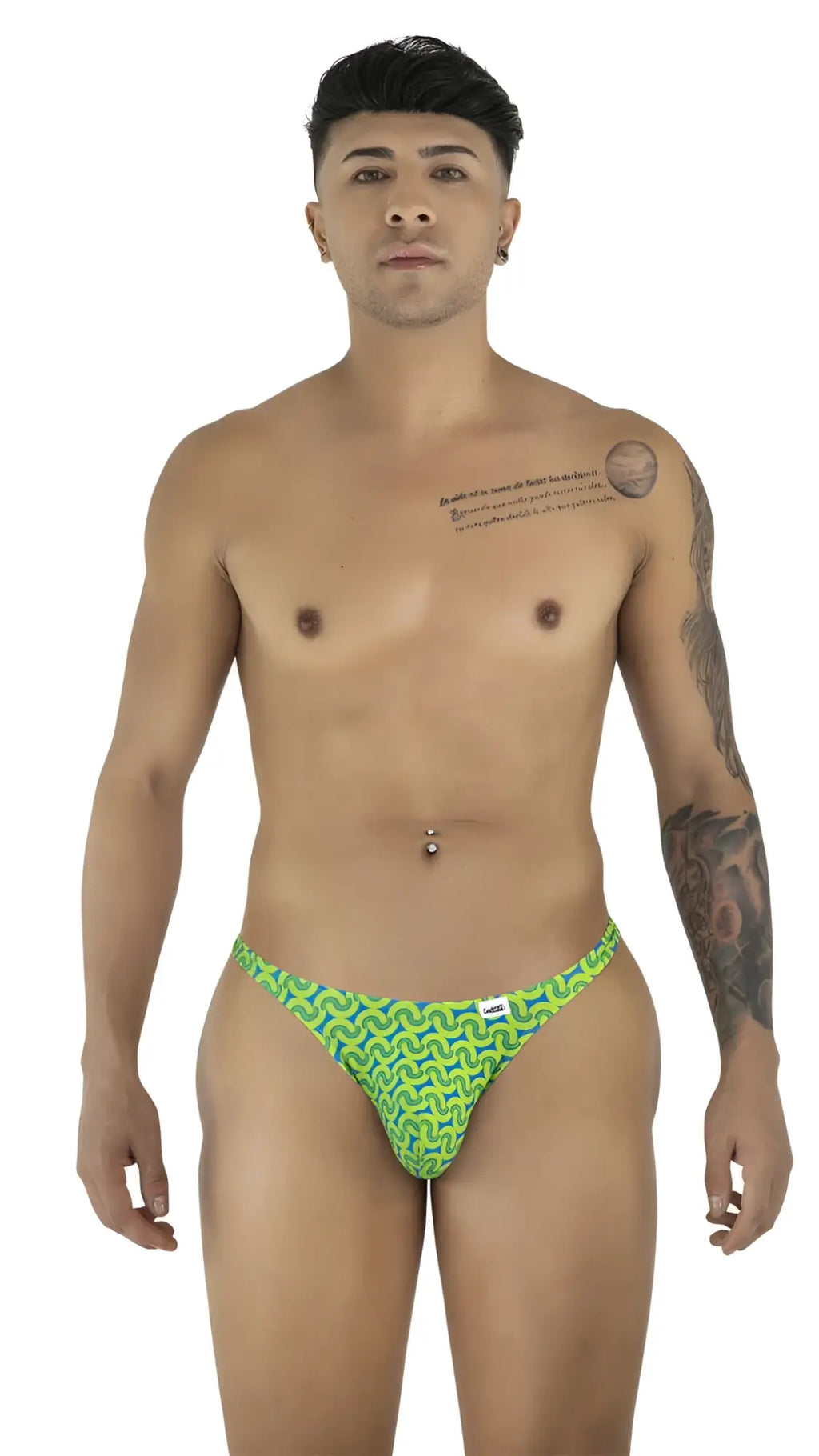 CandyMan 99924 thong in printed green, front view on a male model.