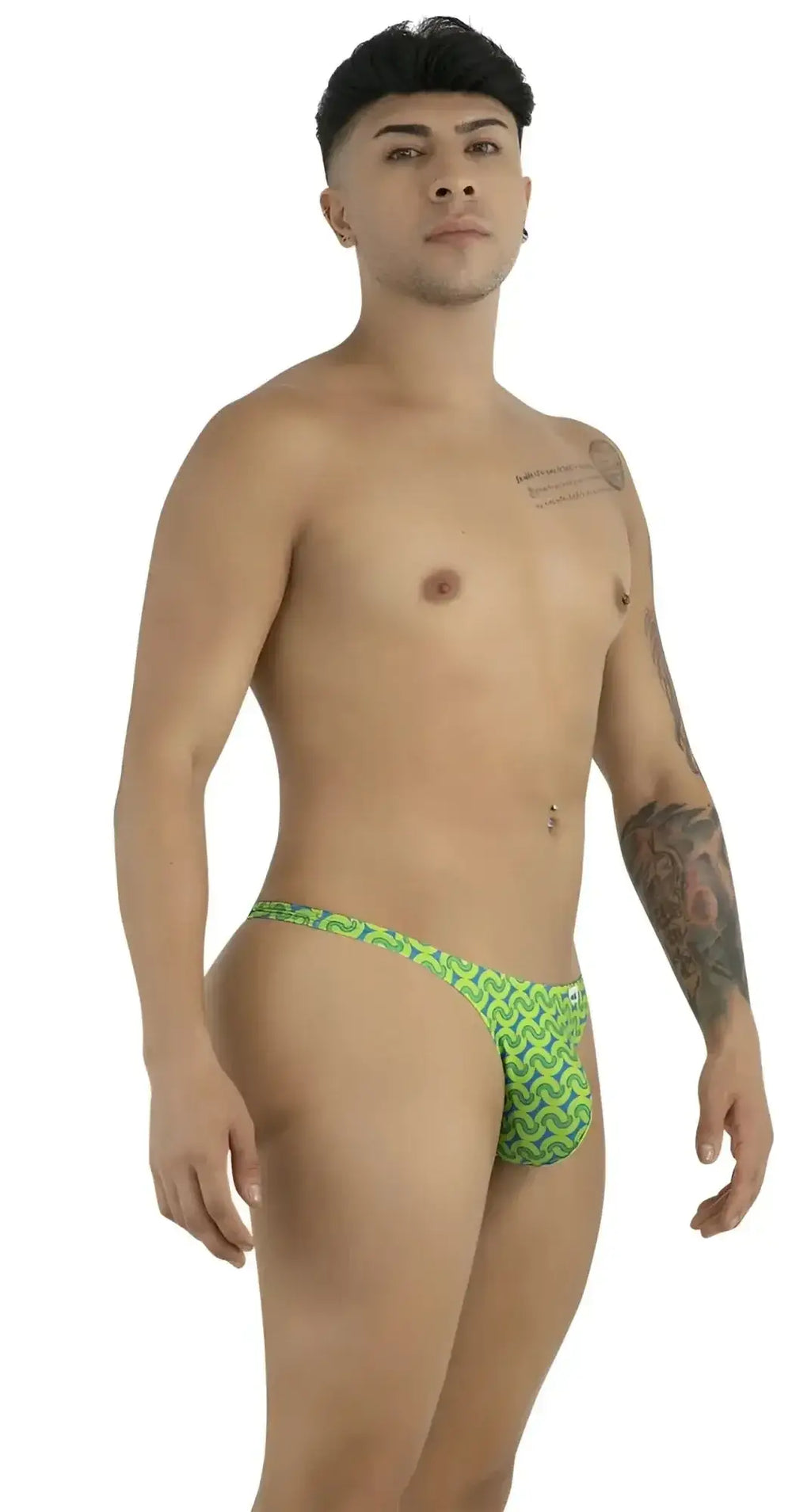 Side view of a model wearing CandyMan 99924 printed green thong underwear.
