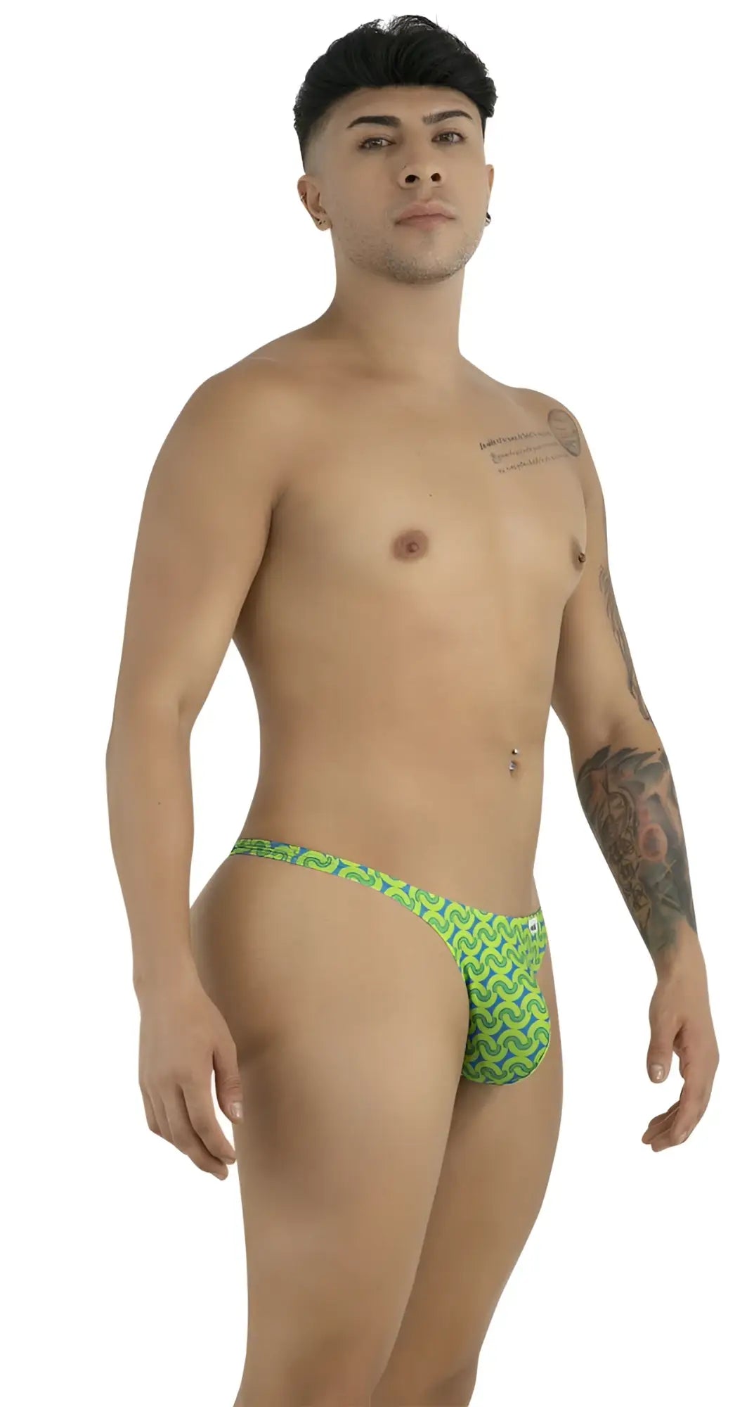Side view of a model wearing CandyMan 99924 printed green thong underwear.