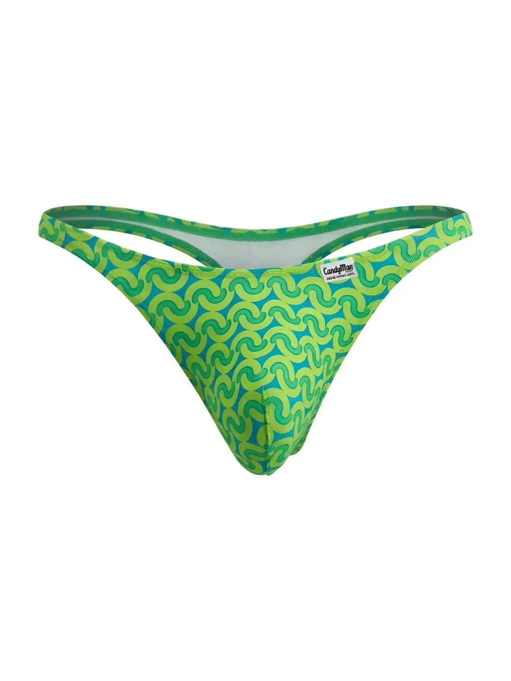 Front view of CandyMan 99924 thong in green printed pattern on a white background.