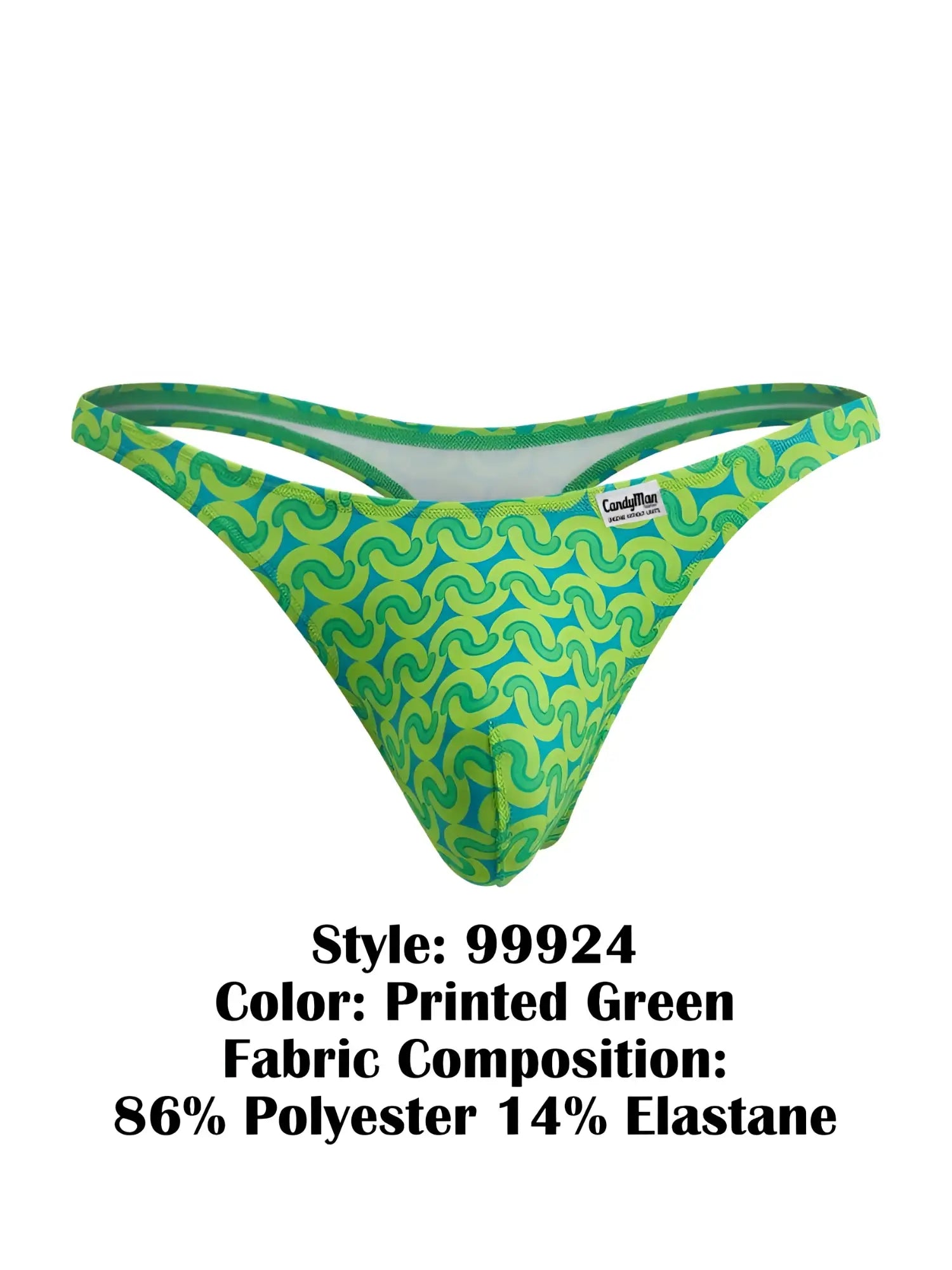 Front view of the CandyMan 99924 thong in a printed green pattern against a white background.