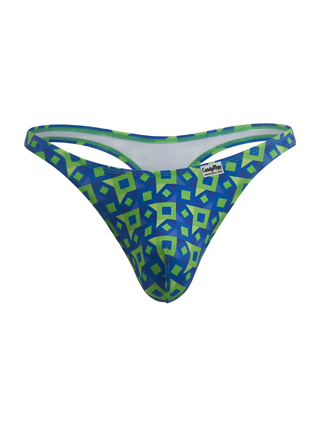 CandyMan 99924 thong in printed navy and green geometric pattern, front view.