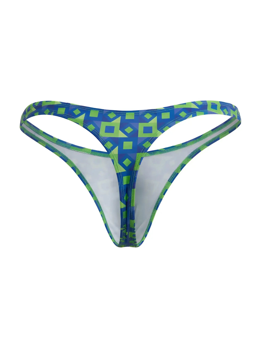 Front view of CandyMan 99924 thong in a geometric printed navy blue and green pattern.