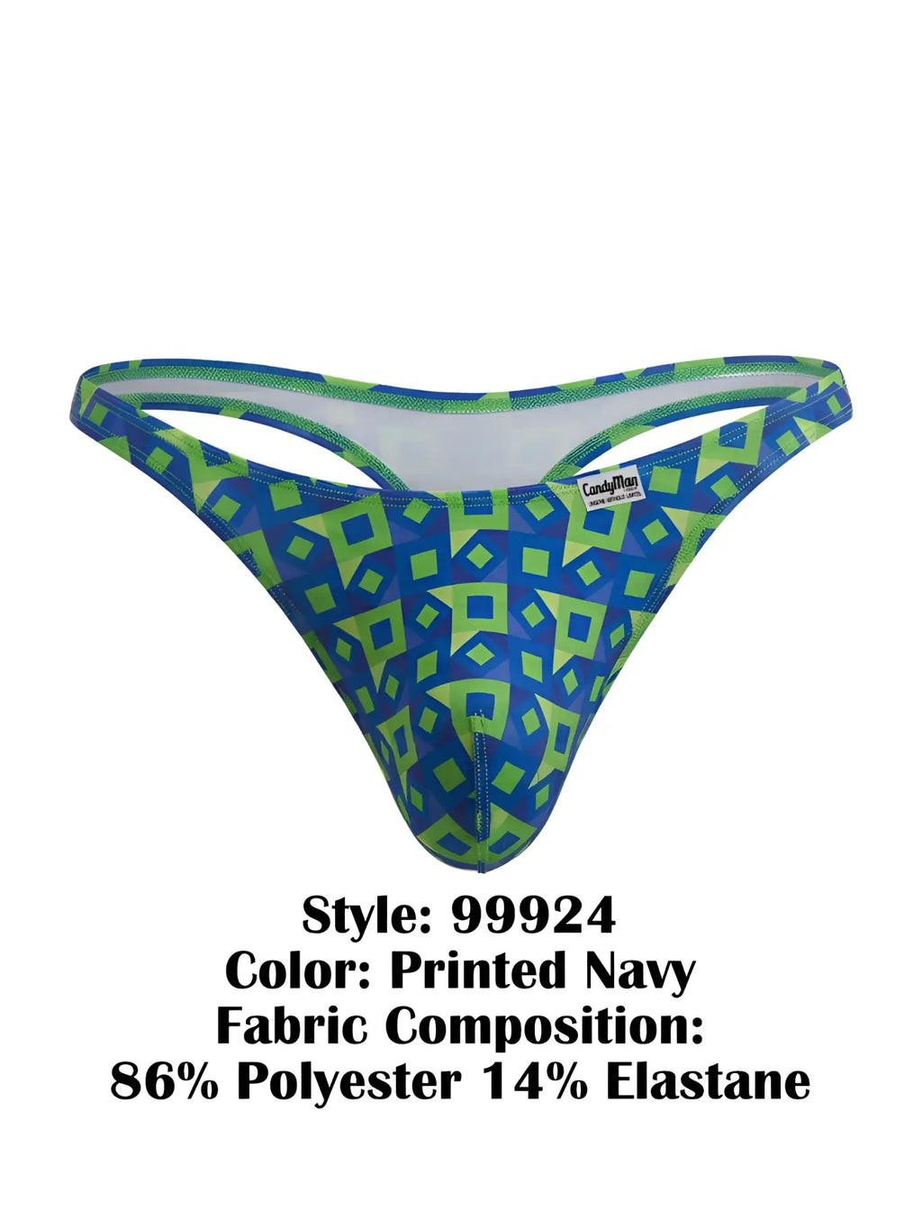 CandyMan 99924 thong in Printed Navy, front view of men's underwear with a geometric blue and green pattern.