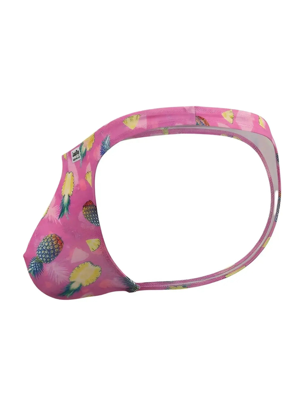CandyMan 99924 thong in pink pineapple print, side view showing the g-string design.