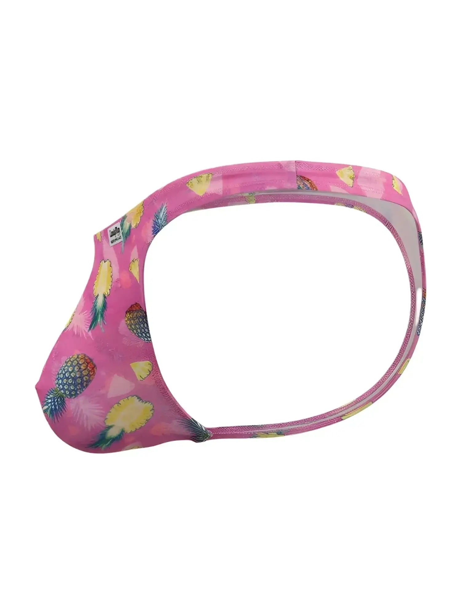 CandyMan 99924 thong in pink pineapple print, side view showing the g-string design.