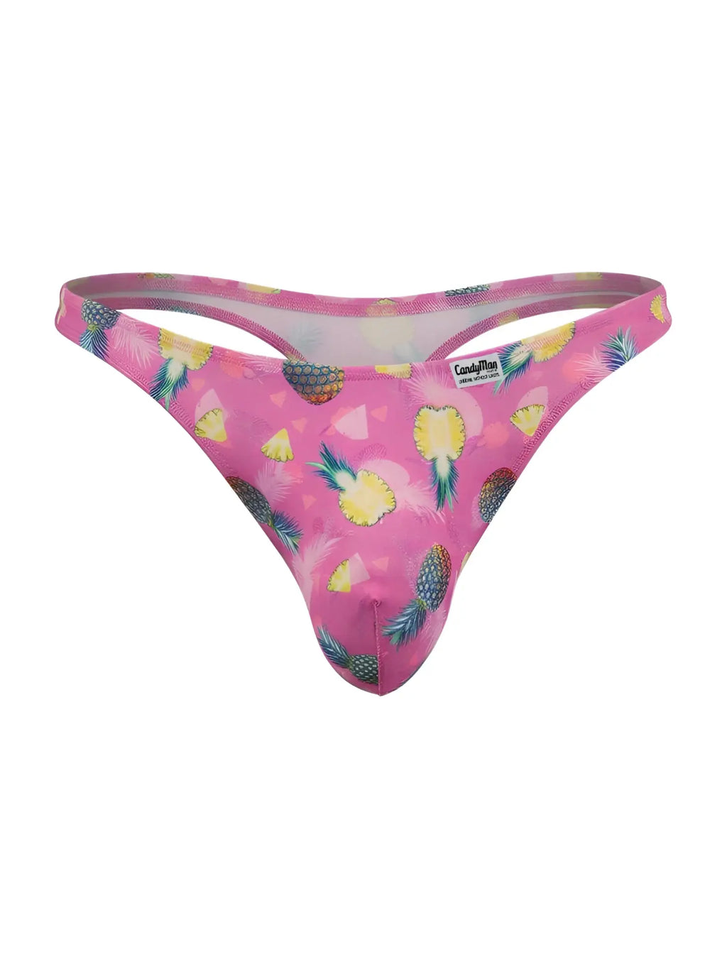 CandyMan 99924 thong in printed pink pineapple pattern, front view.