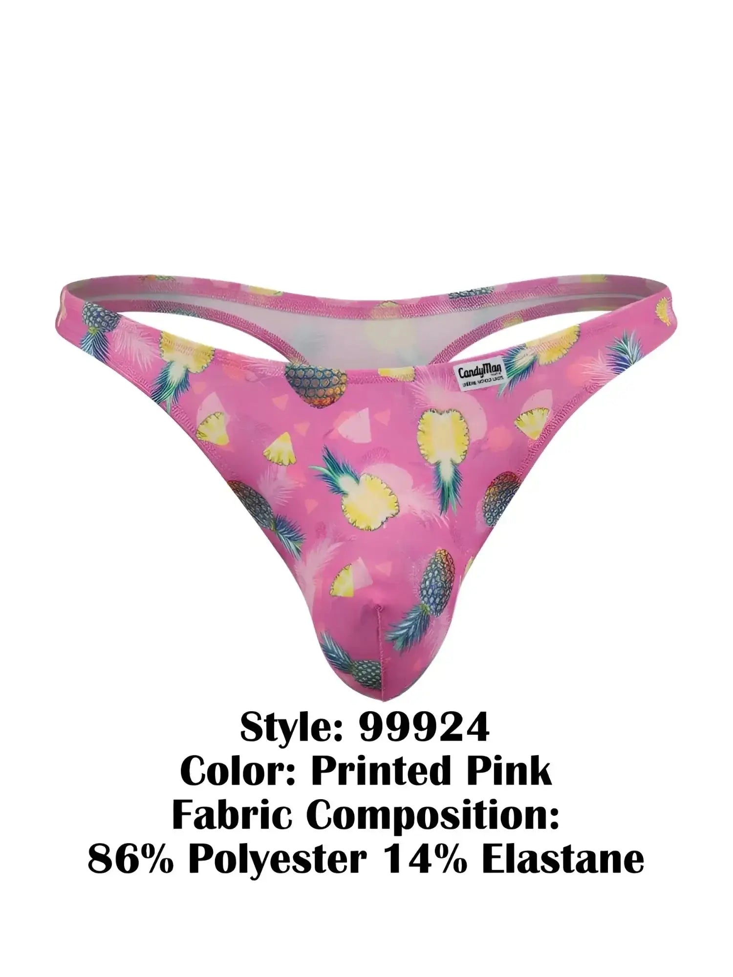 CandyMan 99924 thong in printed pink, front view of pineapple pattern g-string underwear.