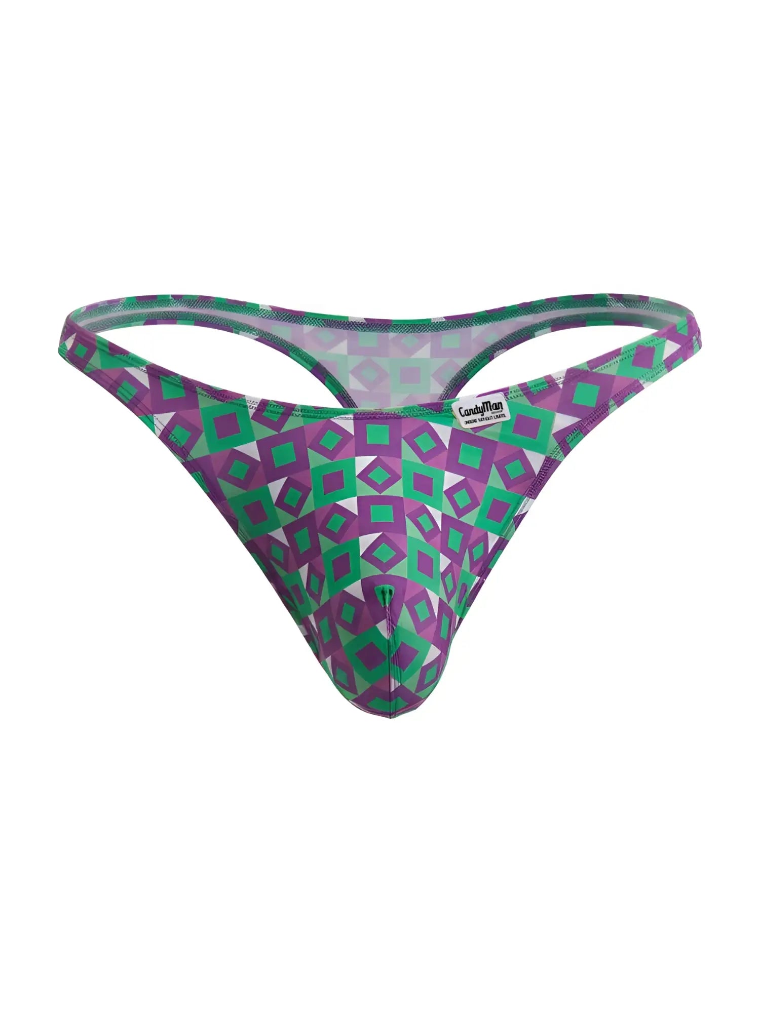 CandyMan 99924 thong in purple geometric print, shown in a front view product shot.