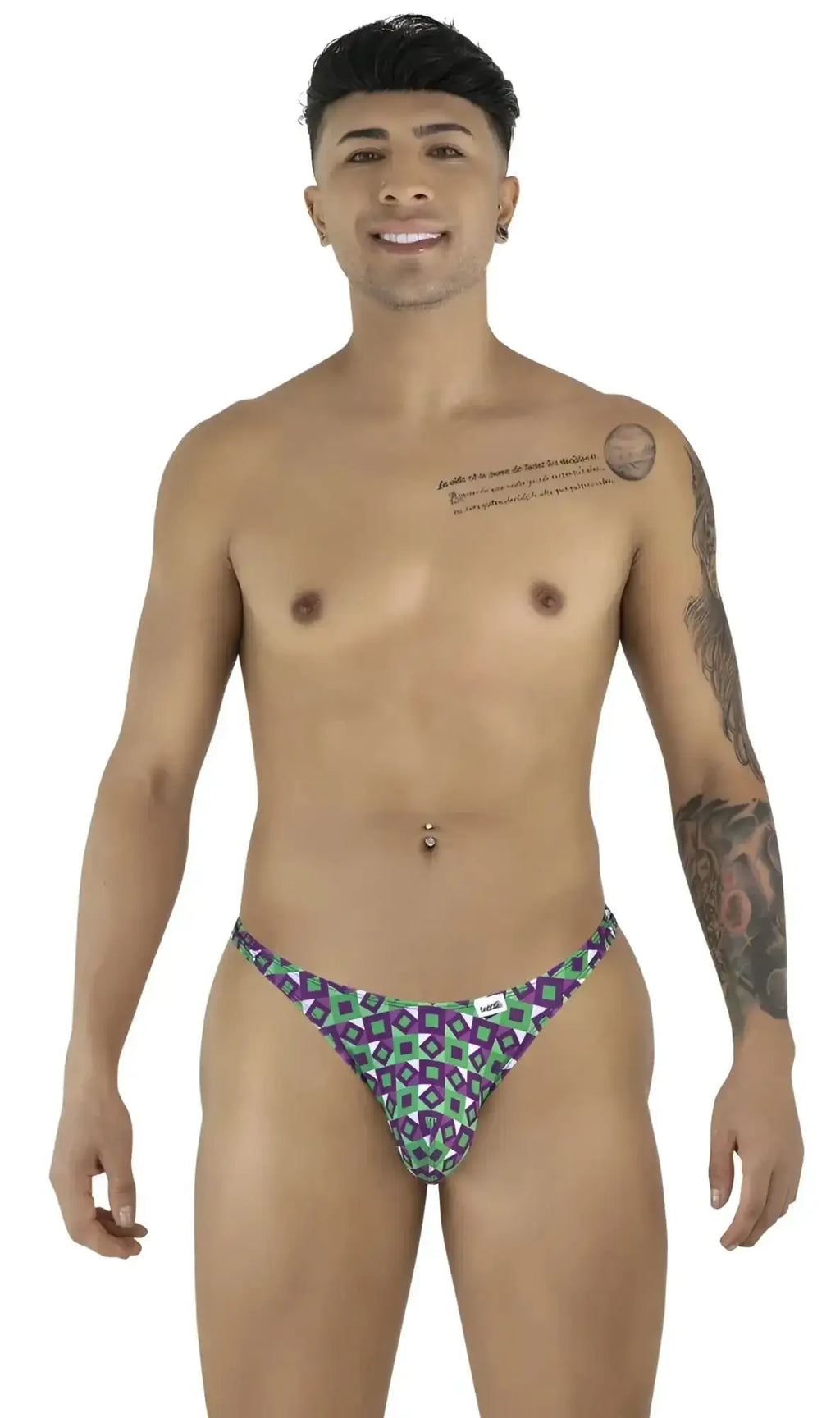 Front view of CandyMan 99924 thong in printed purple on a model.