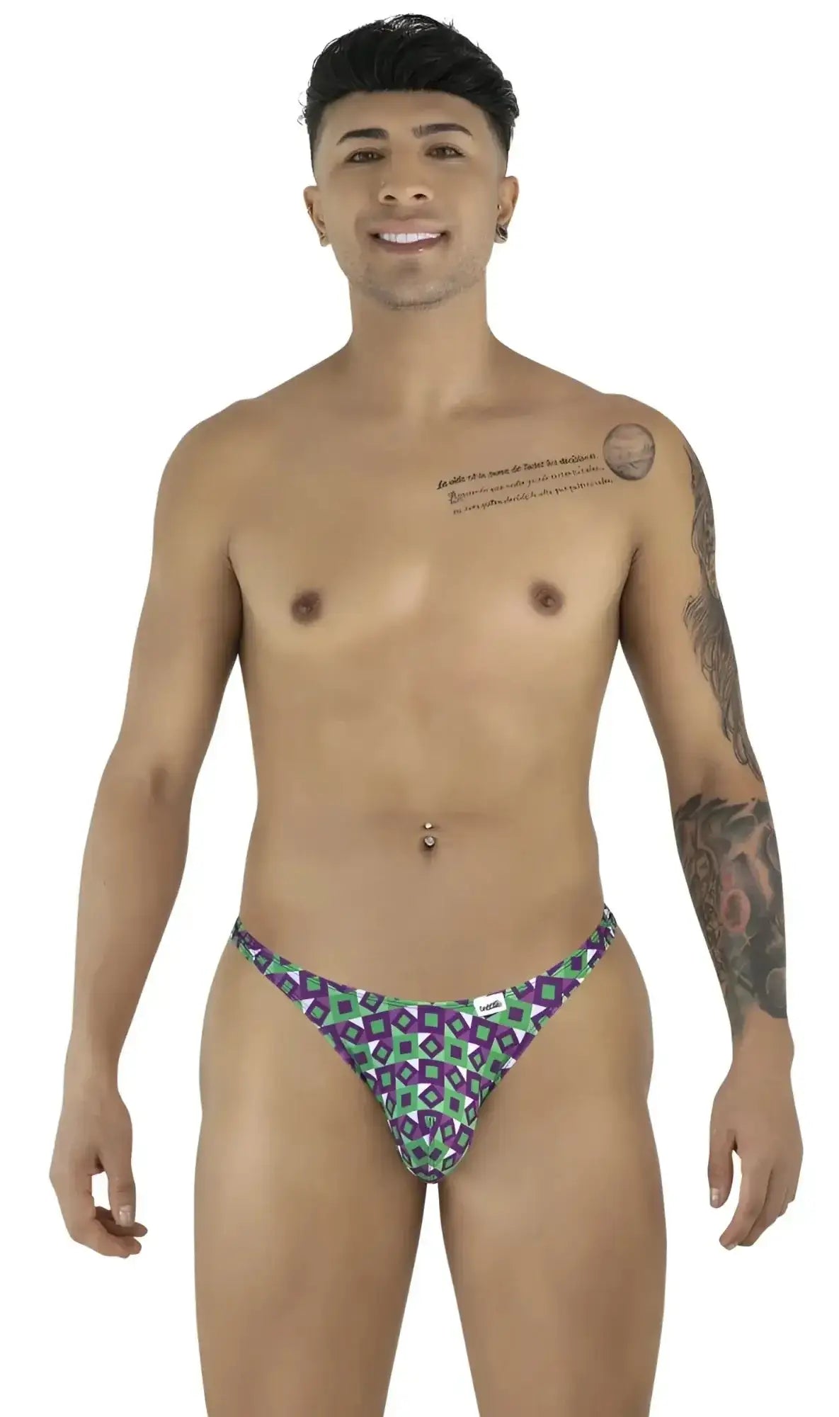 Front view of CandyMan 99924 thong in printed purple on a model.
