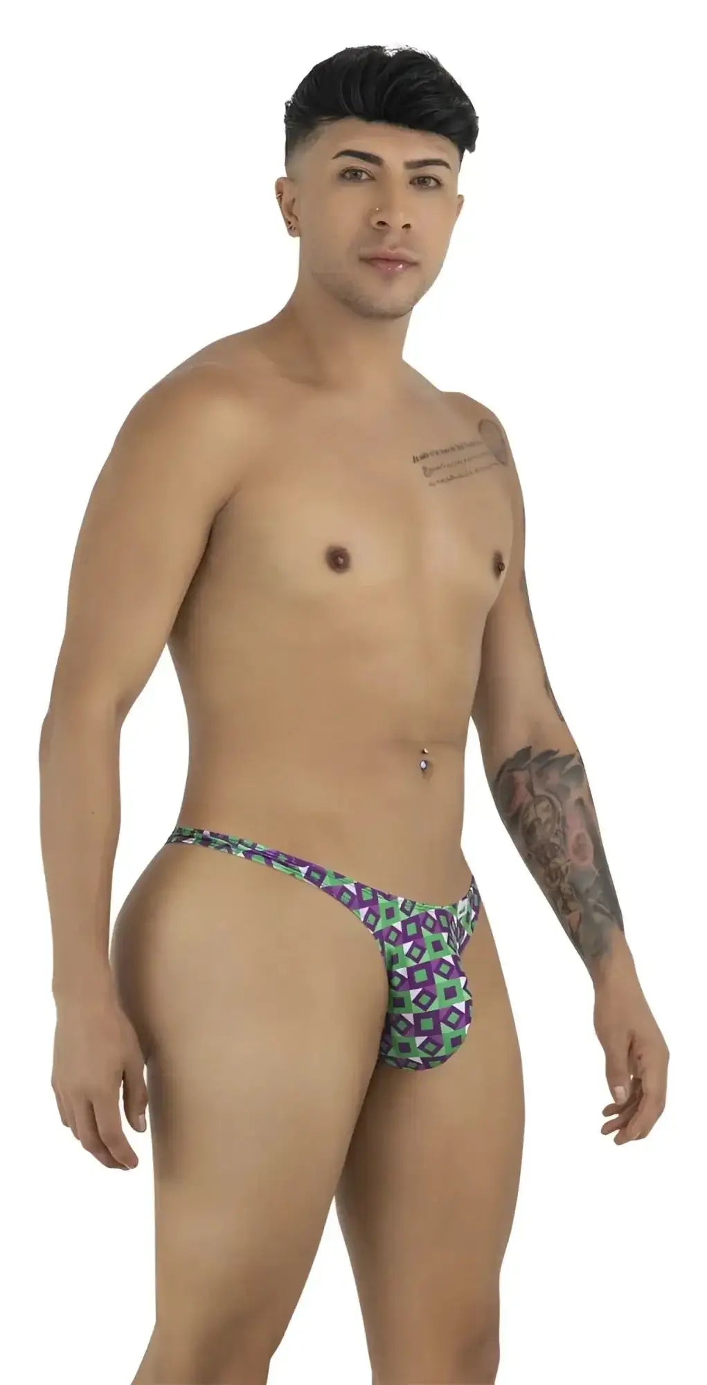 CandyMan 99924 thong in printed purple on a male model, side view.