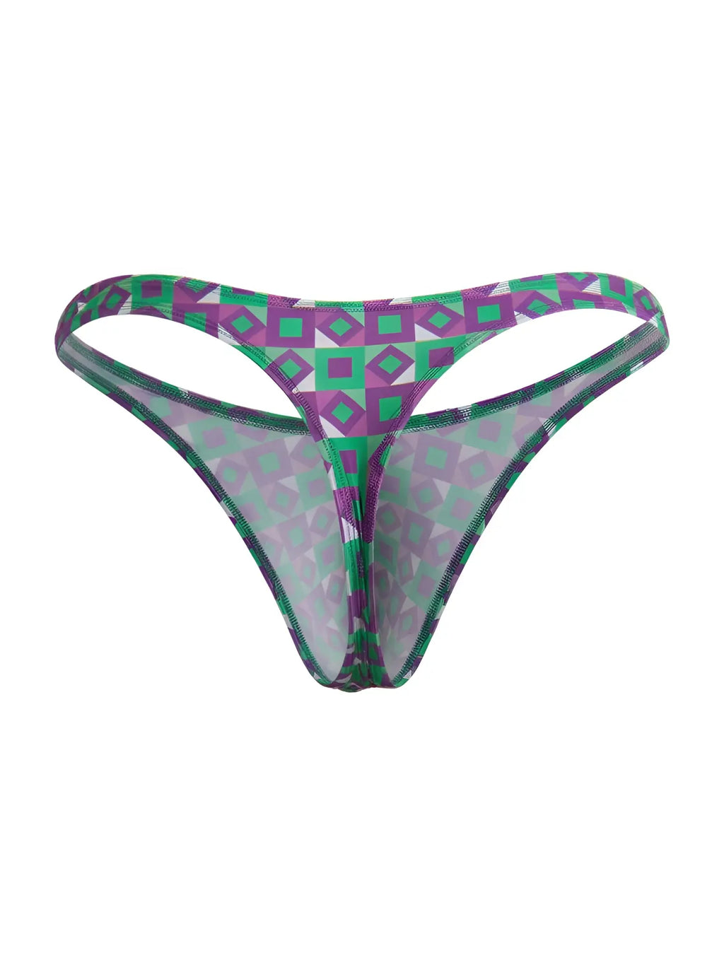 Front view of CandyMan 99924 thong in purple geometric print.