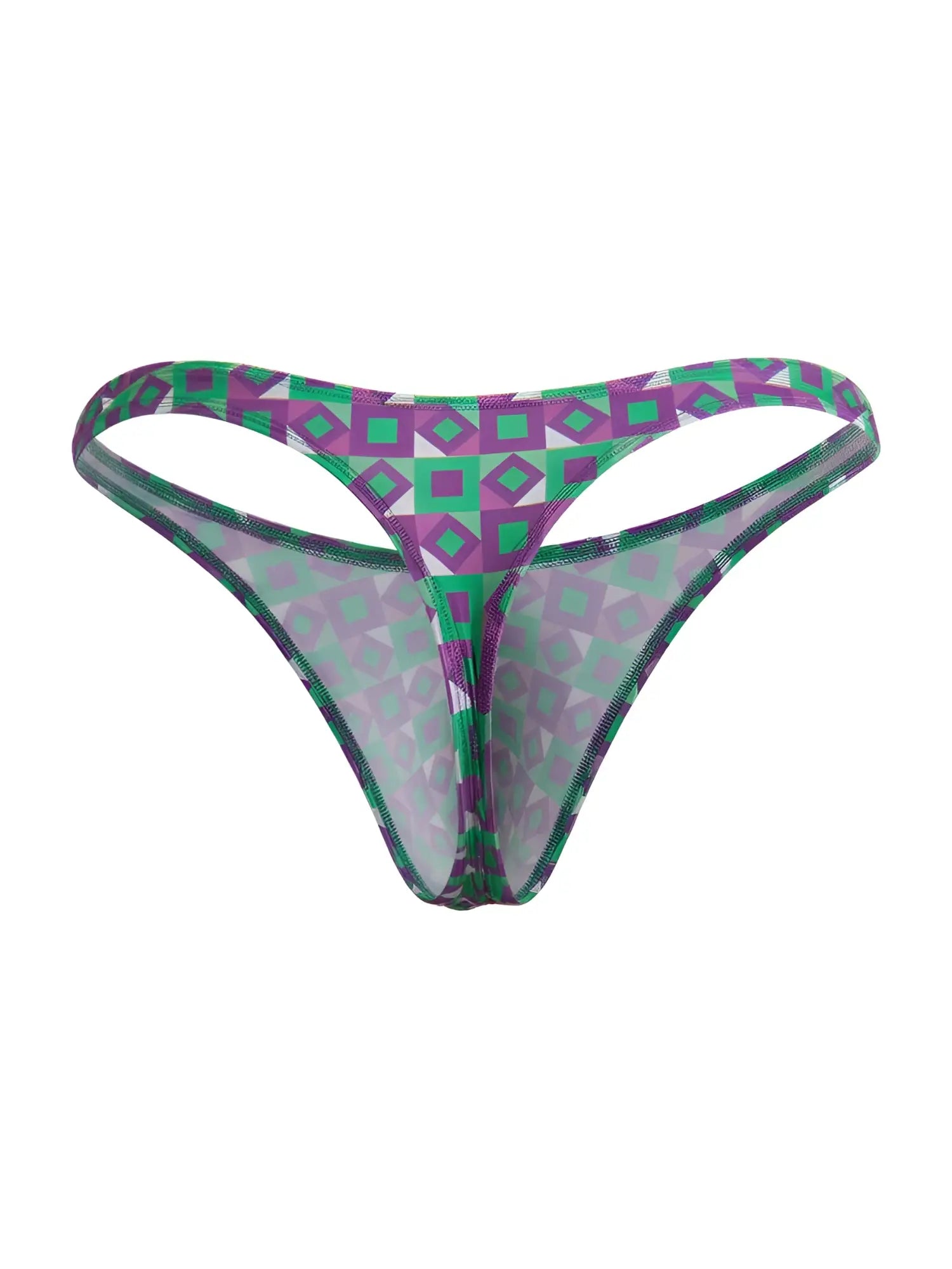 Front view of CandyMan 99924 thong in purple geometric print.