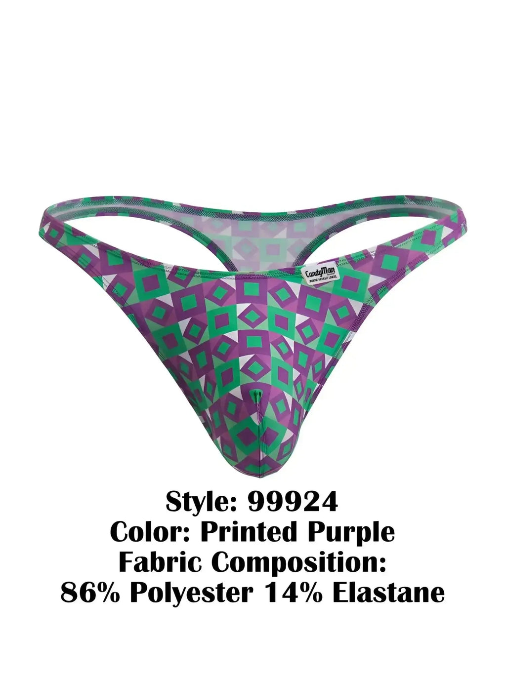 CandyMan 99924 thong in printed purple, studio front view showing geometric patterns.