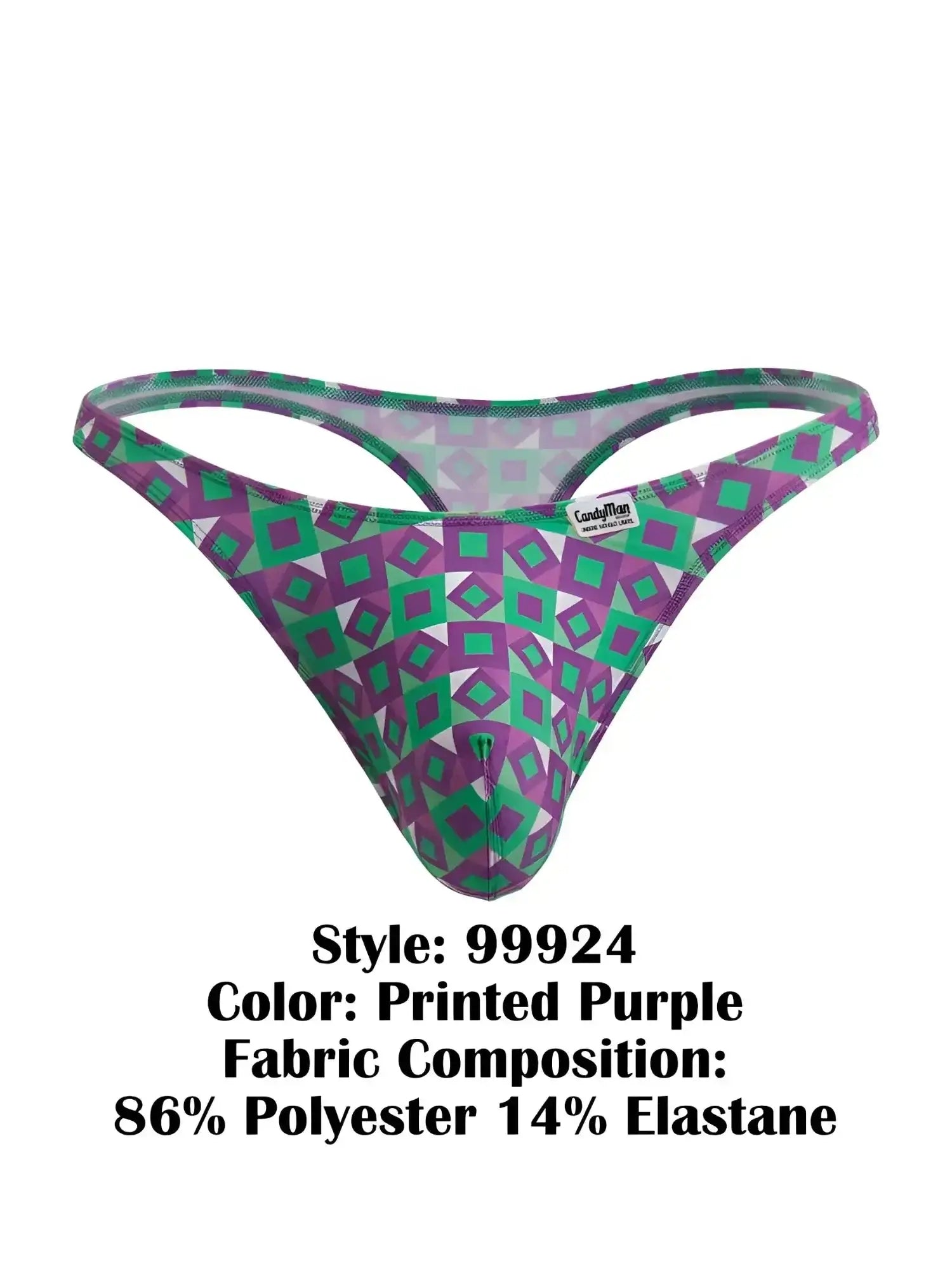 CandyMan 99924 thong in printed purple, studio front view showing geometric patterns.