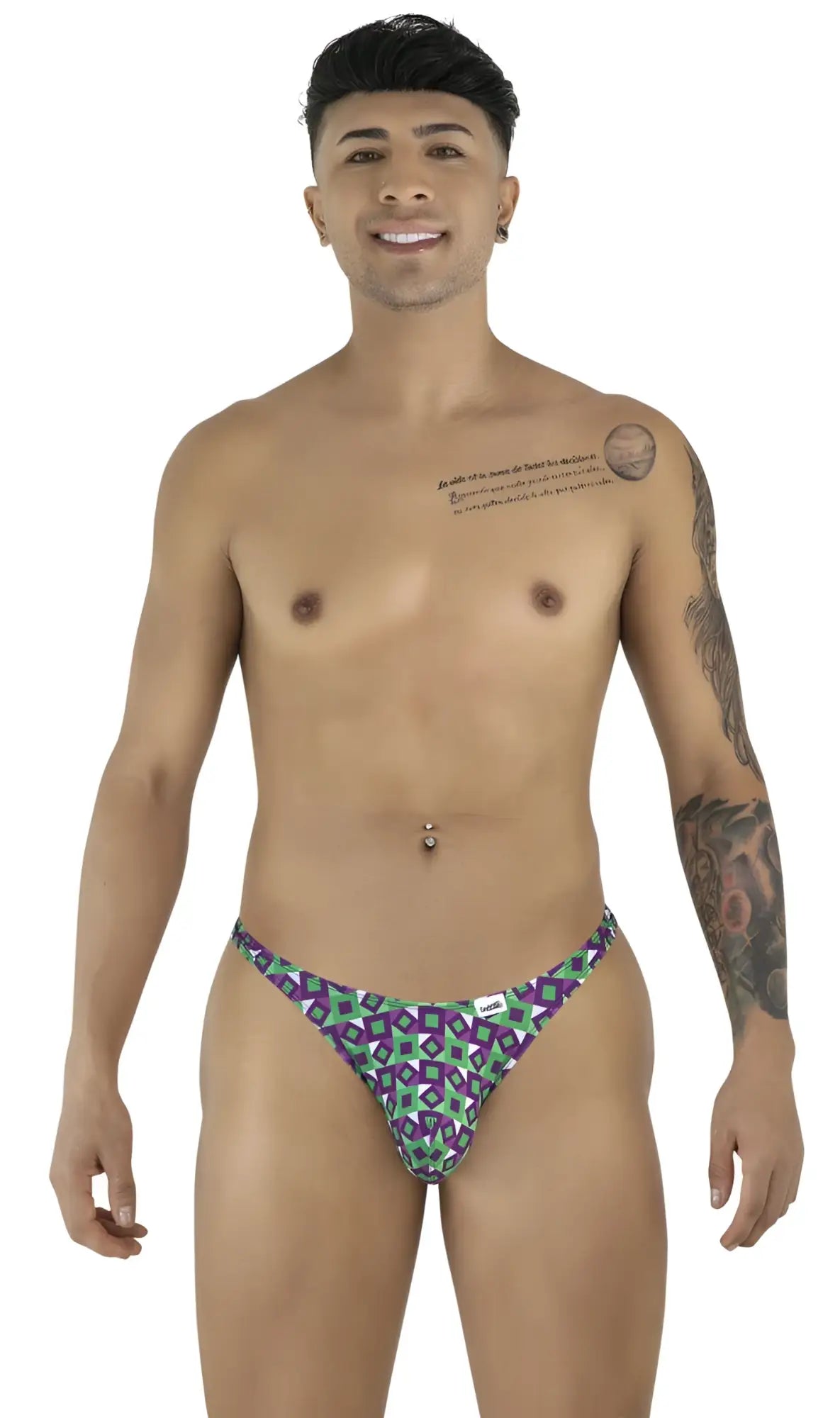 Front view of CandyMan 99924 thong in printed purple on a model.