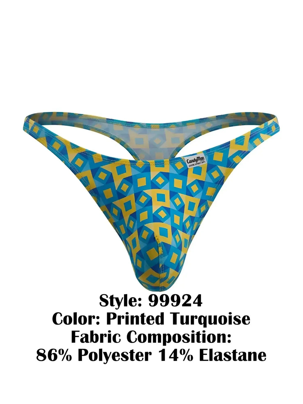 Front view of the CandyMan 99924 thong in printed turquoise with a geometric pattern.
