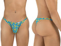 CandyMan 99924 thong in printed turquoise: front and back view of the underwear on a model.