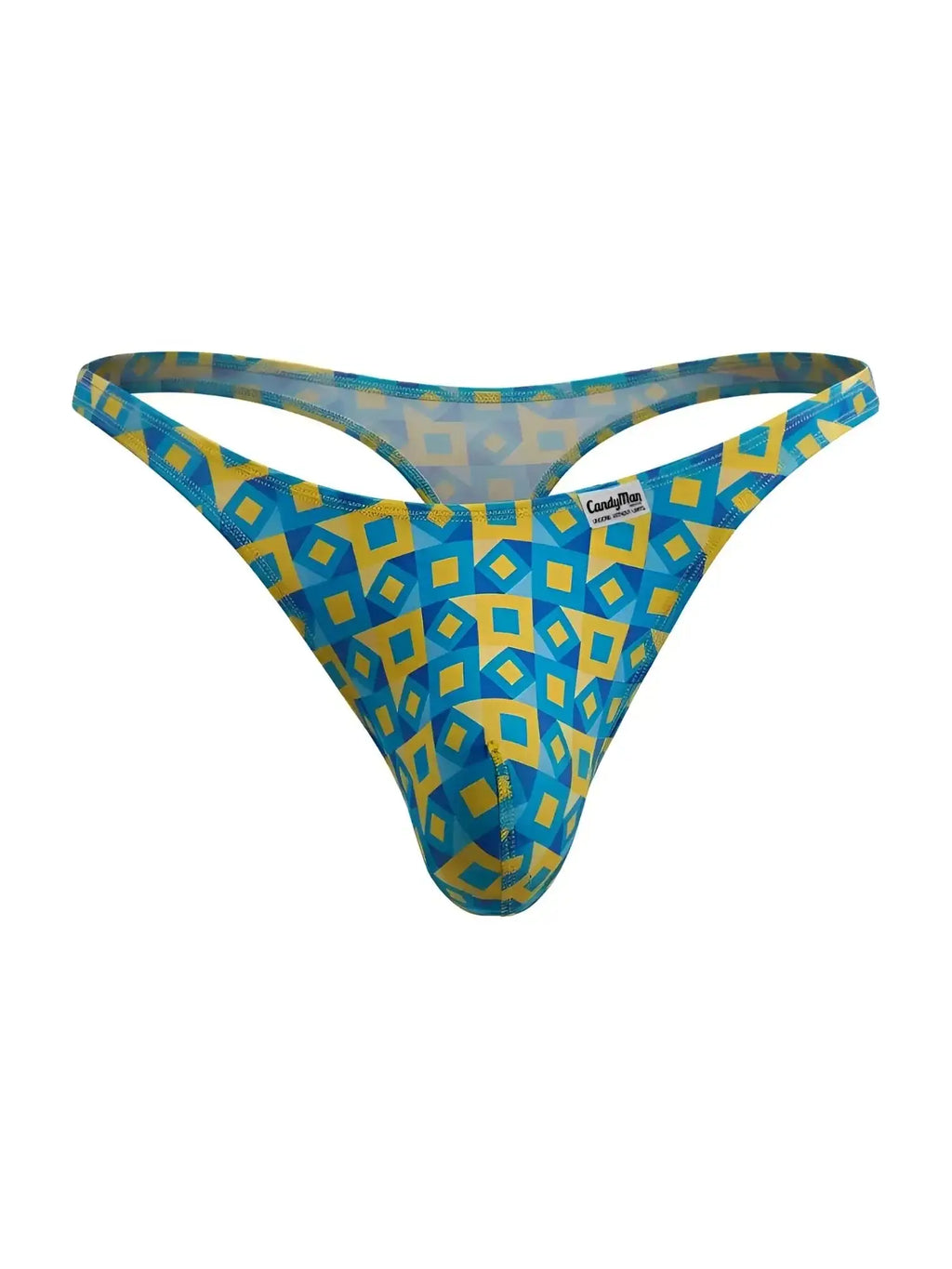 Front view of CandyMan 99924 thong in printed turquoise with a geometric pattern.