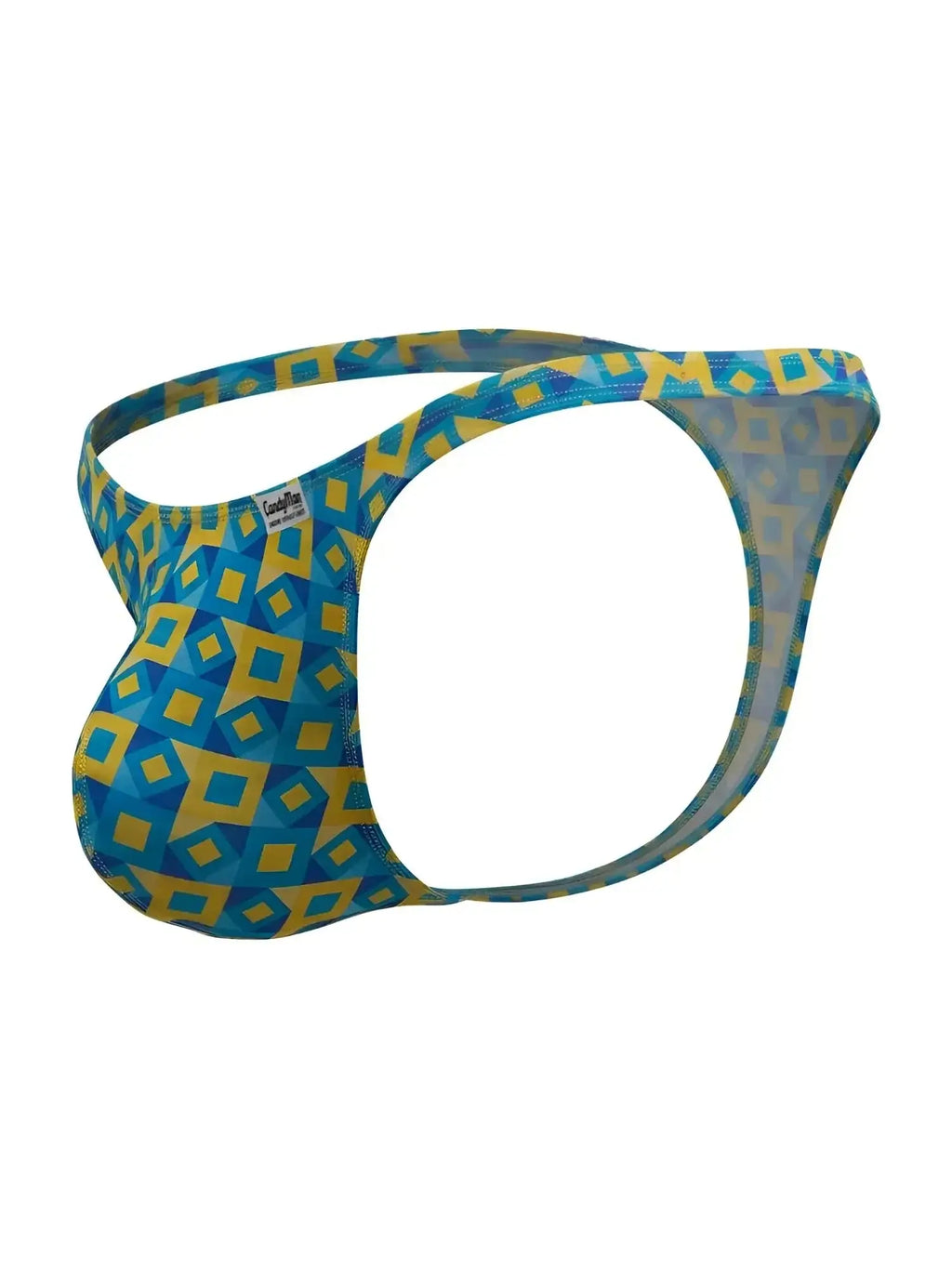 CandyMan 99924 thong in printed turquoise, angled product view.