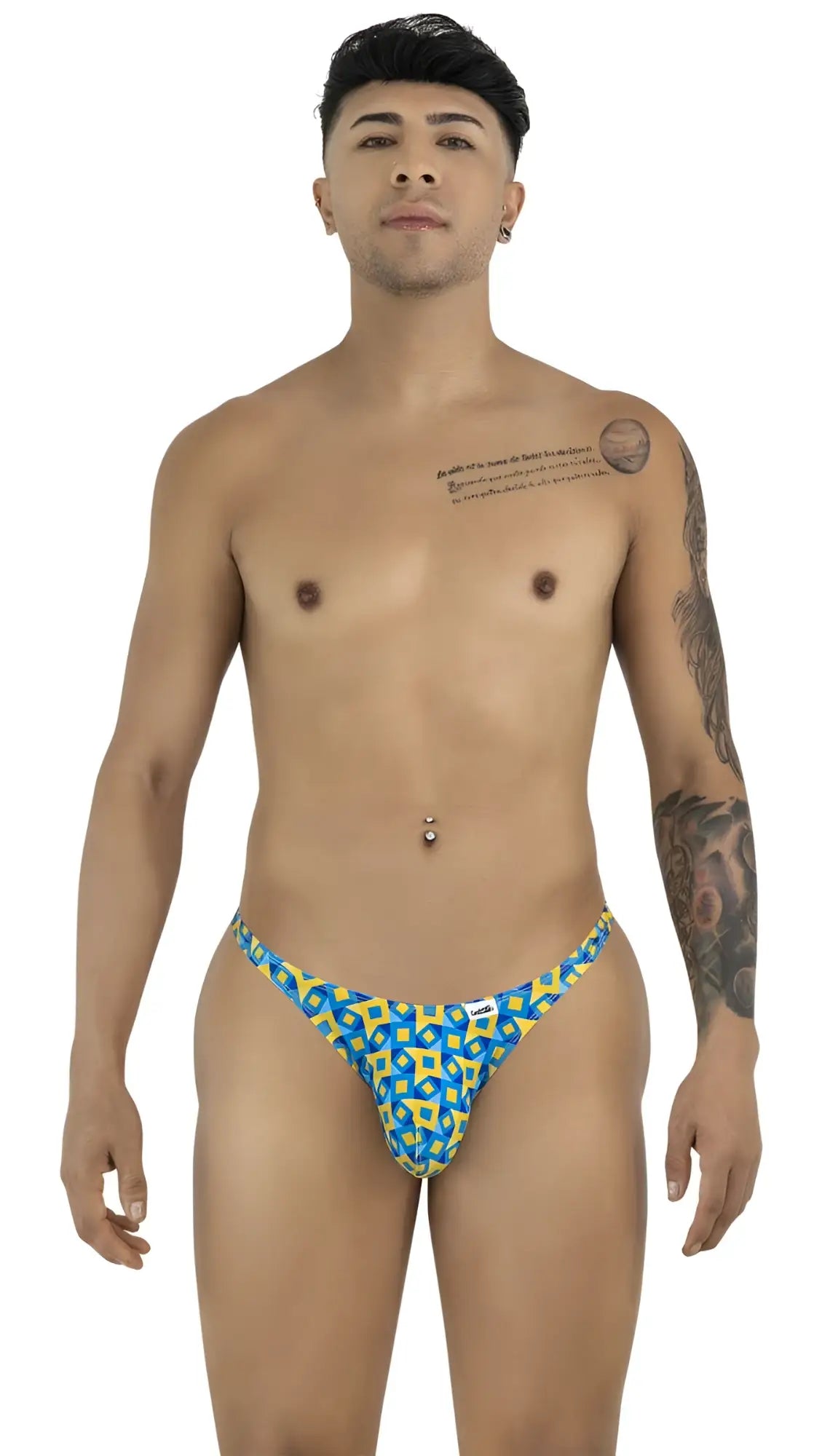 Front view of CandyMan 99924 thong in printed turquoise on a male model.