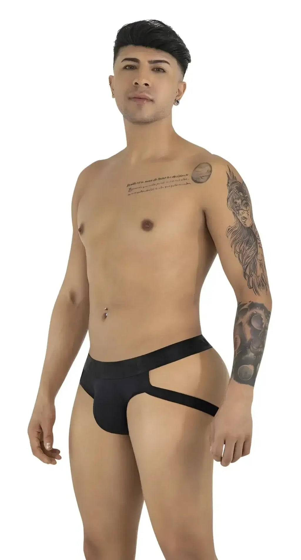CandyMan 99925 black jockstrap on a male model, front-side view.