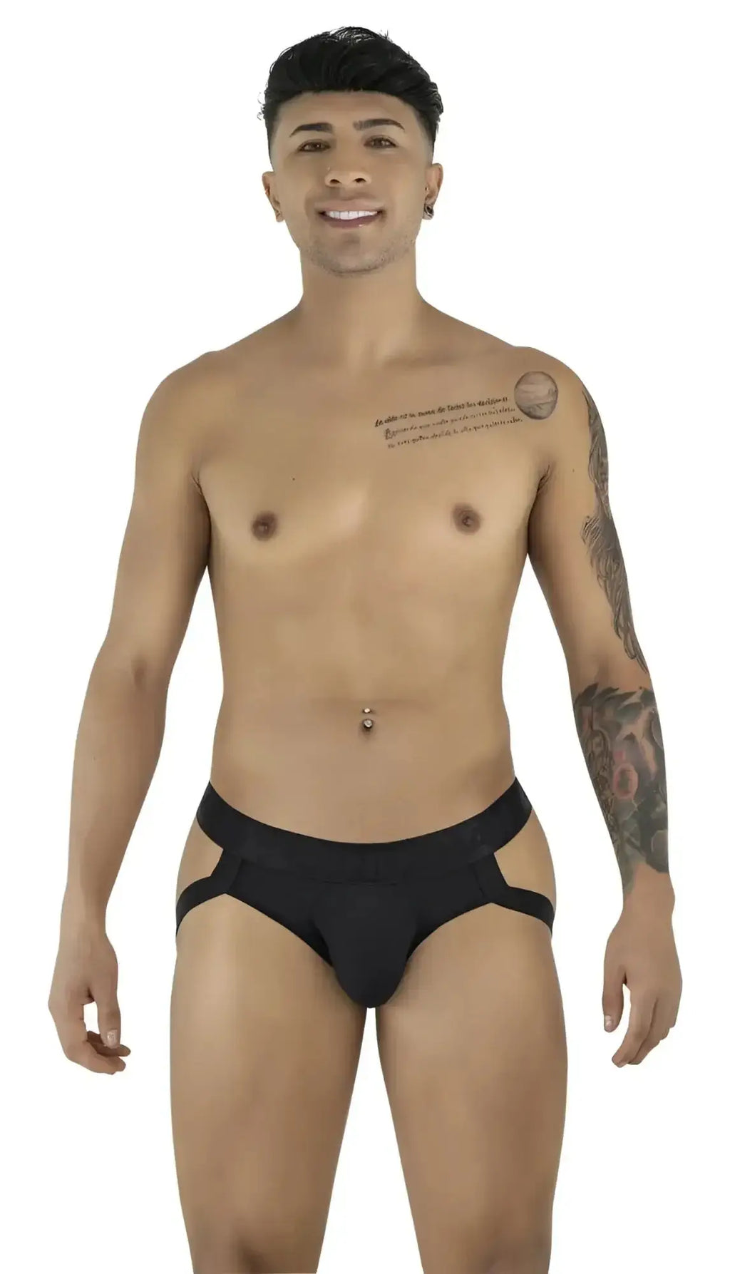 CandyMan 99925 black jockstrap: front view of a model wearing the underwear.