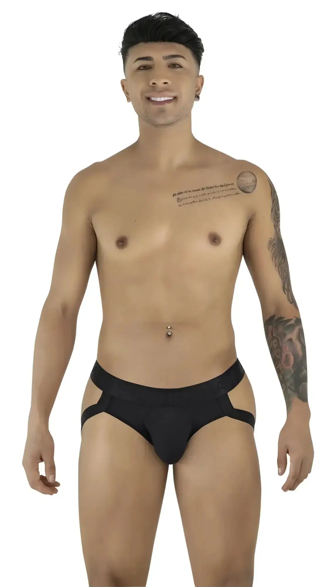 CandyMan 99925 black jockstrap: front view of a model wearing the underwear.