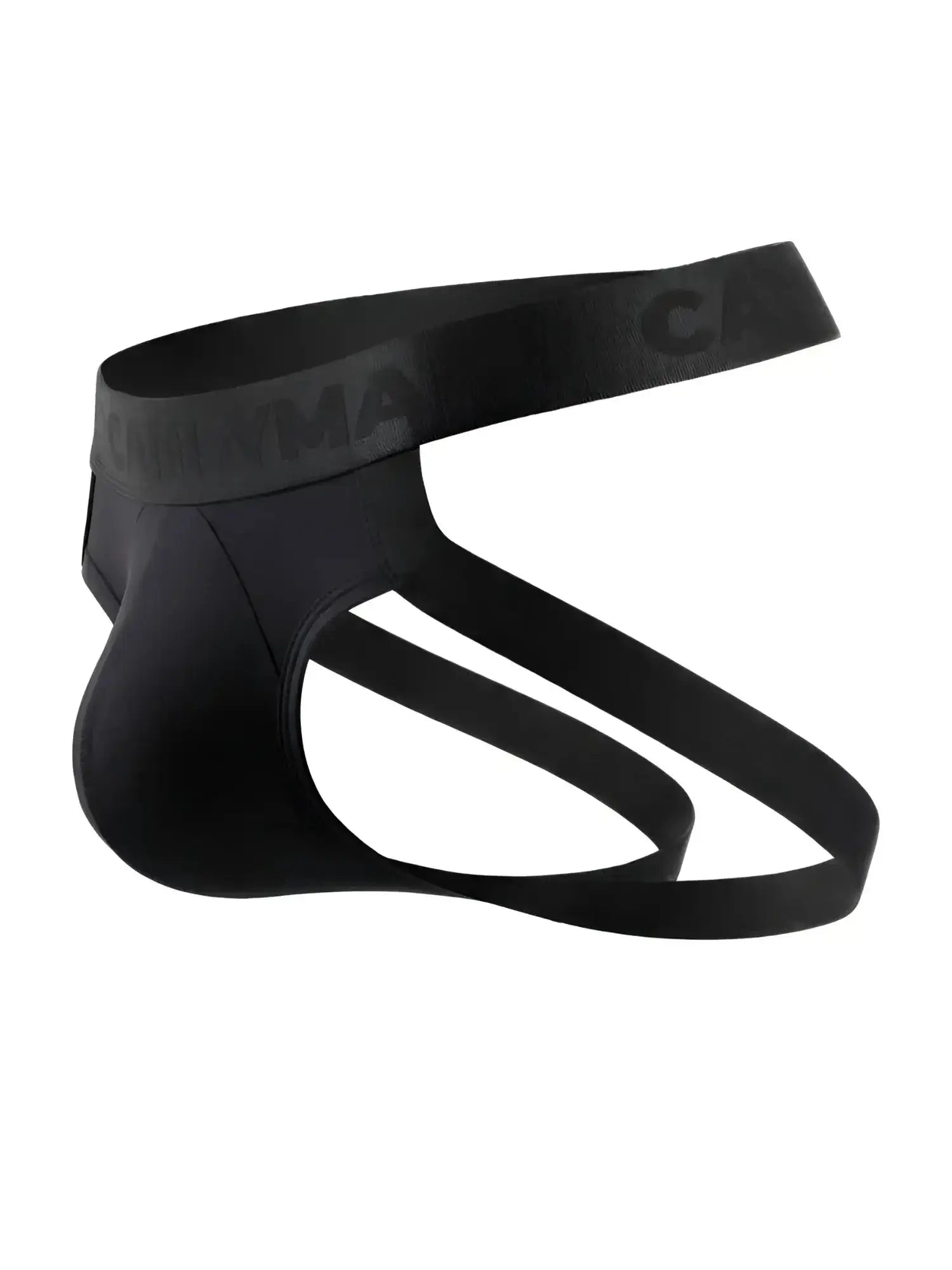 CandyMan 99925 black jockstrap, side profile view of backless underwear.